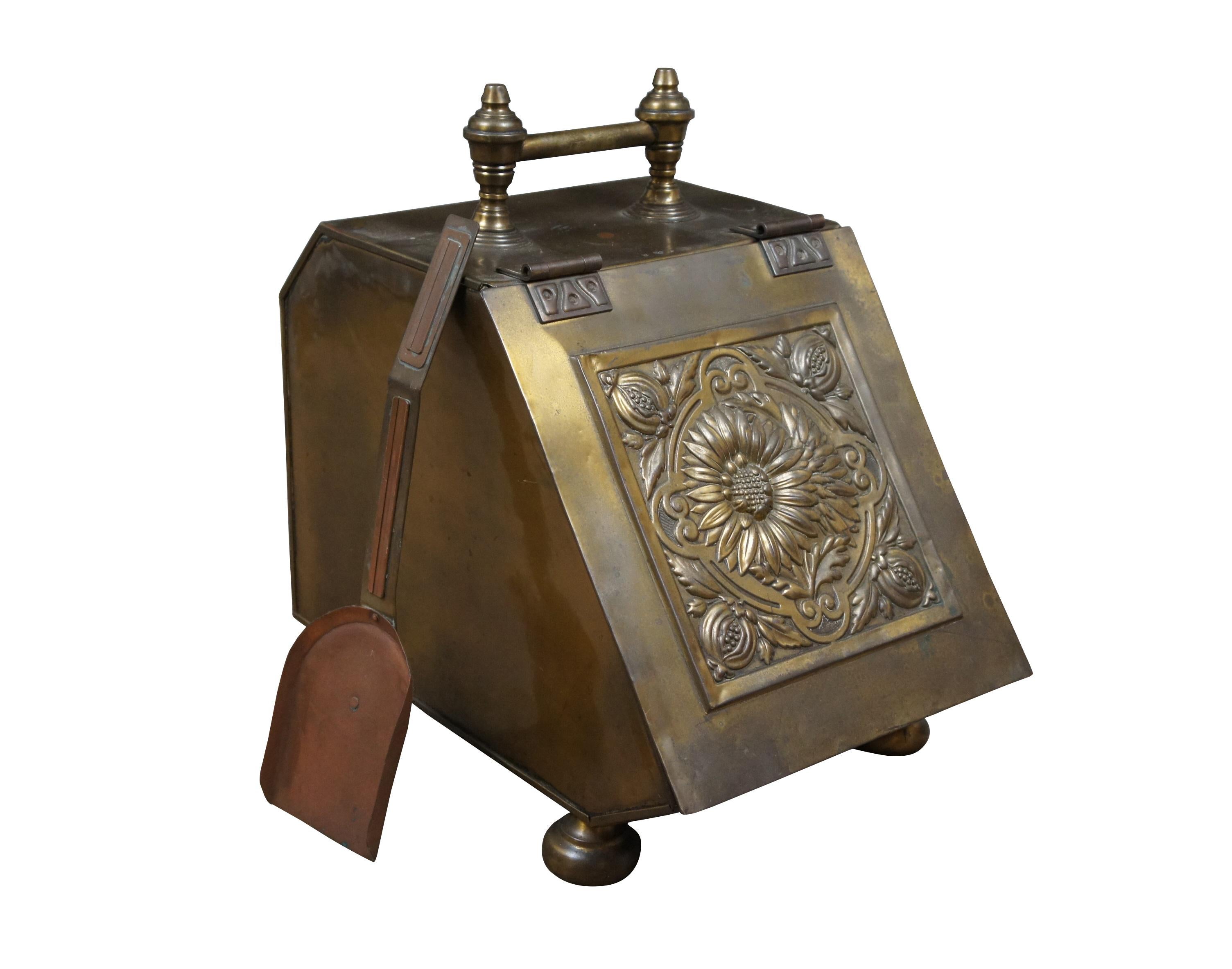 Antique Victorian Brass Pomegranate Fireplace Coal Scuttle Hod & Shovel 17
