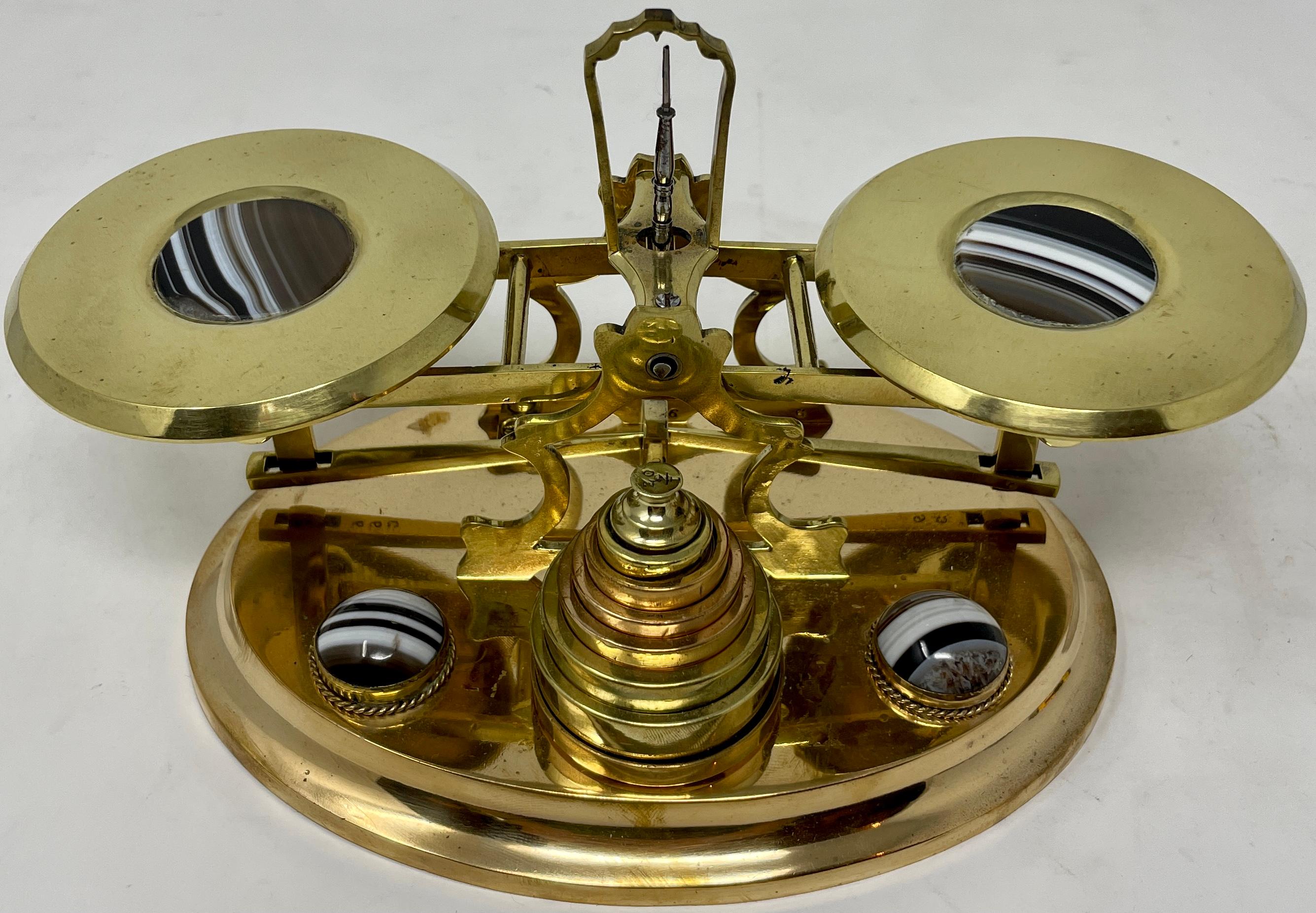 Antique Victorian Brass and Scottish Agate Postal scale with Weights, Circa 1865-1870.