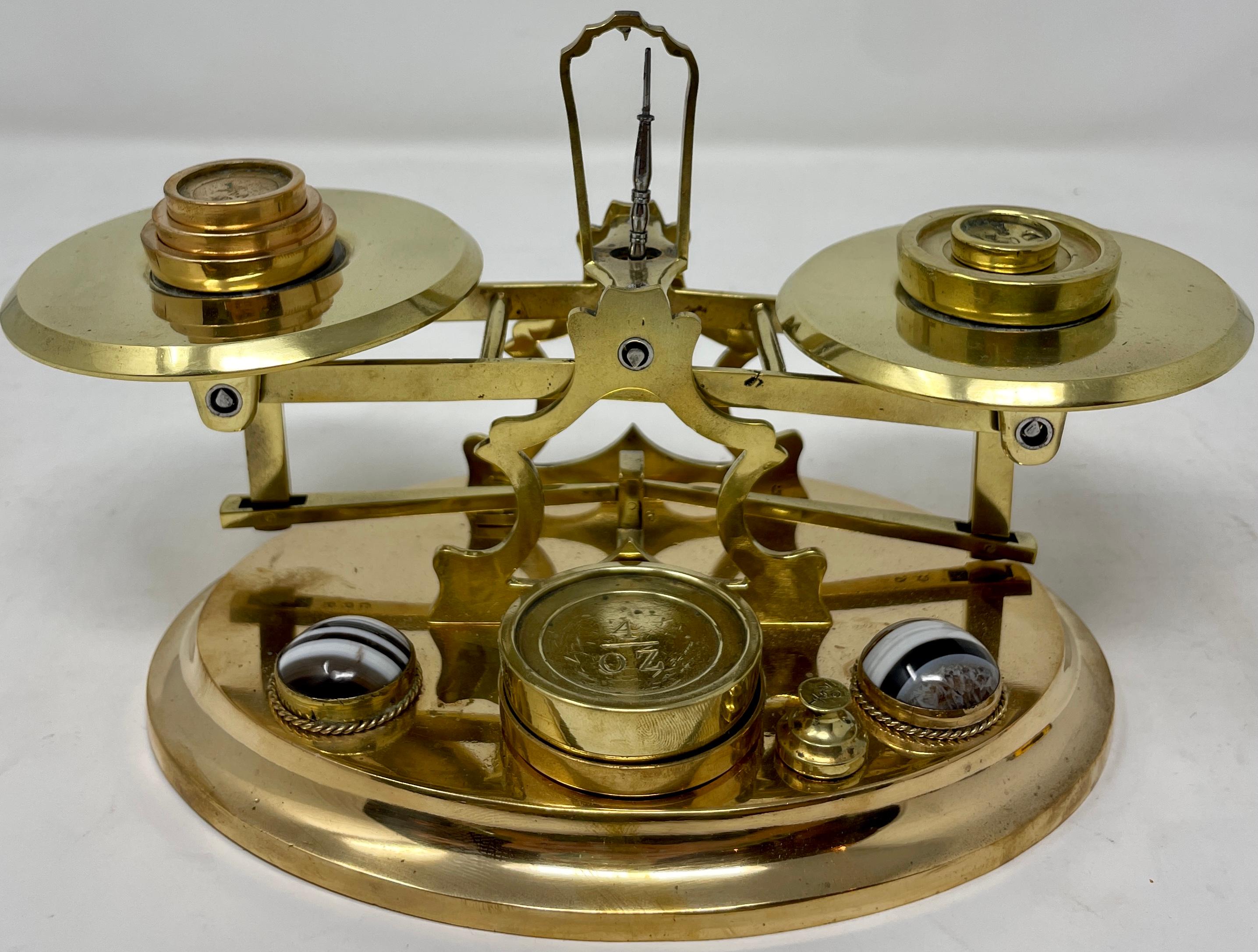 19th Century Antique Victorian Brass & Scottish Agate Postal Scale & Weights, Circa 1865-1870 For Sale