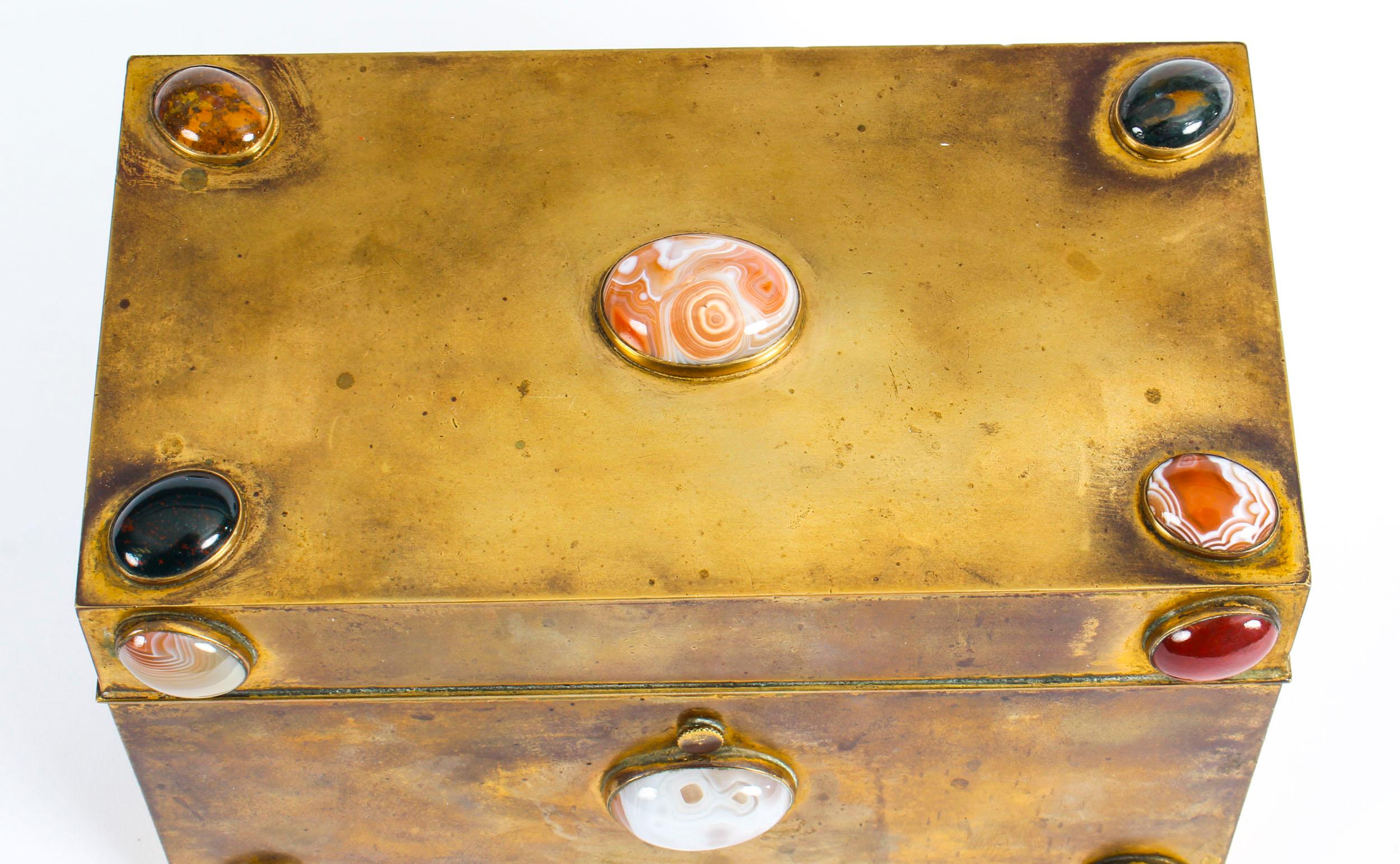 Antique Victorian Brass & Semi Precious Stones Cabochon Stationery Casket 19th C 3