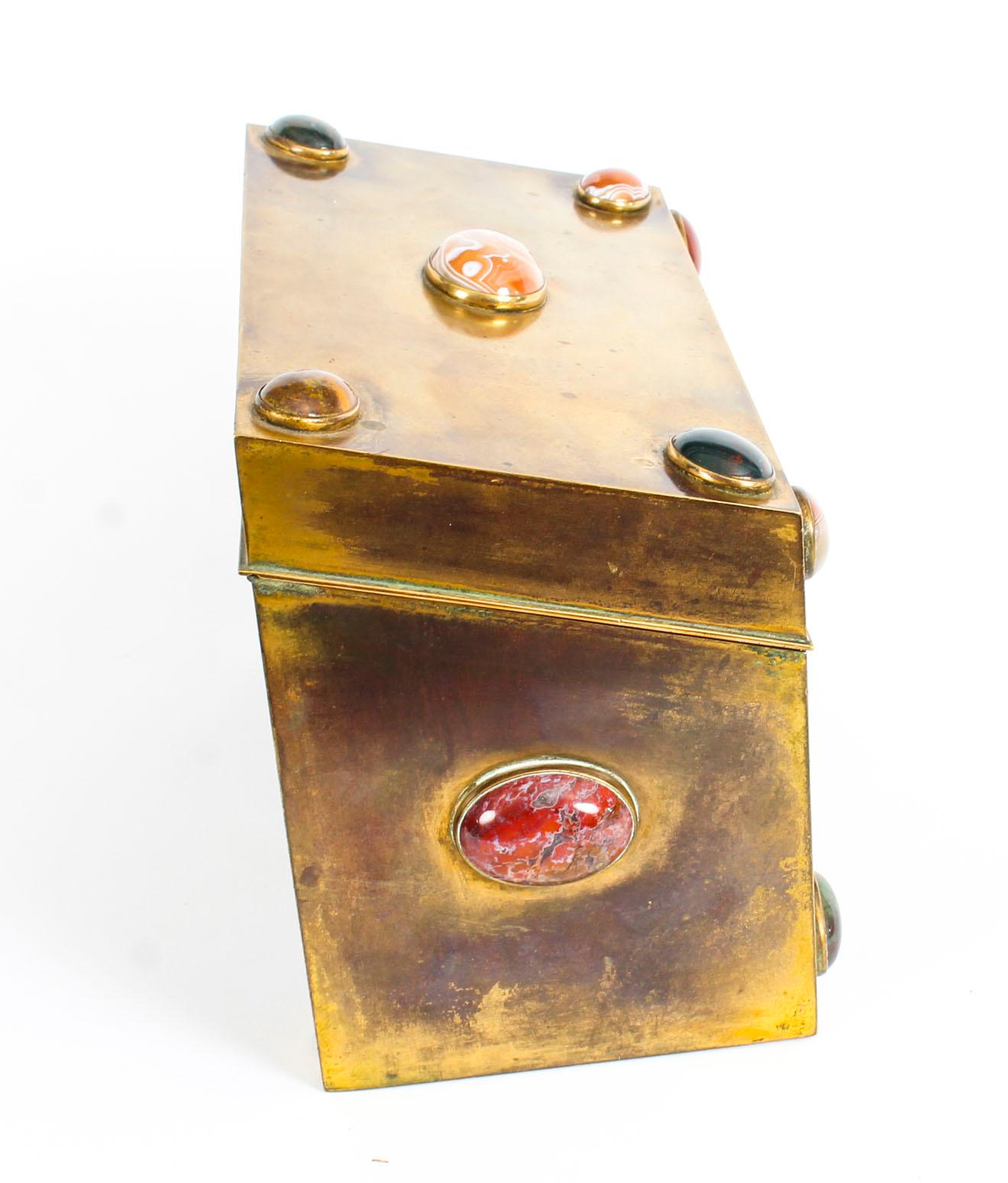 Antique Victorian Brass & Semi Precious Stones Cabochon Stationery Casket 19th C 1