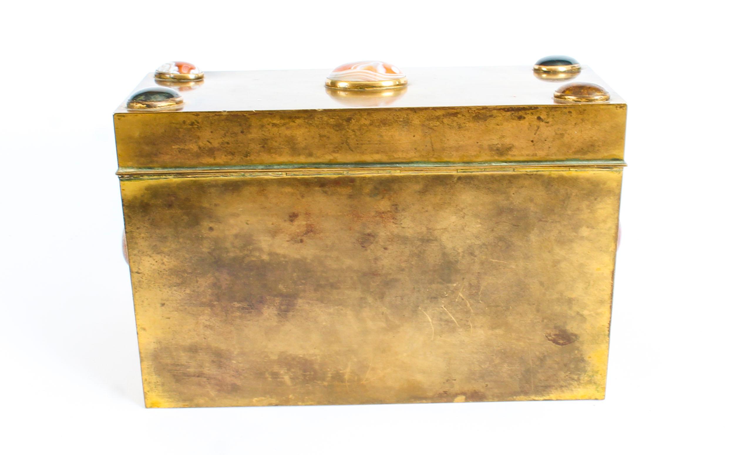Antique Victorian Brass & Semi Precious Stones Cabochon Stationery Casket 19th C 2