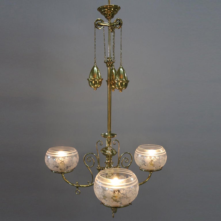 Antique Victorian Brass Three Light Electrified Gas Chandelier American Antique Victorian Brass Three Light Electrified Gas Chandelier Weight Driven For