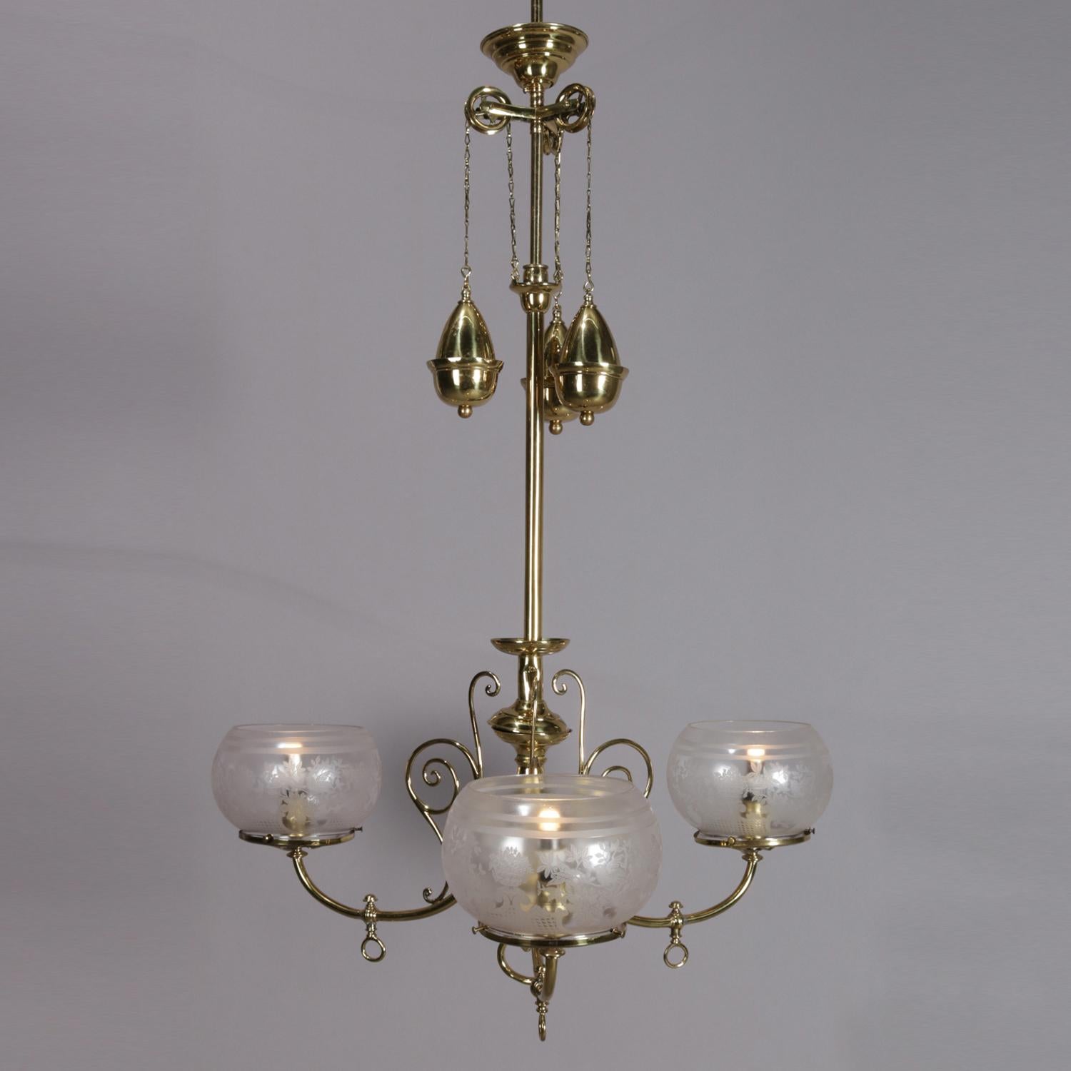 American Antique Victorian Brass Three-Light Electrified Gas Chandelier, Weight Driven