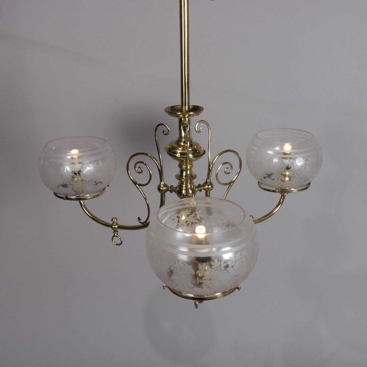 Etched Antique Victorian Brass Three-Light Electrified Gas Chandelier, Weight Driven