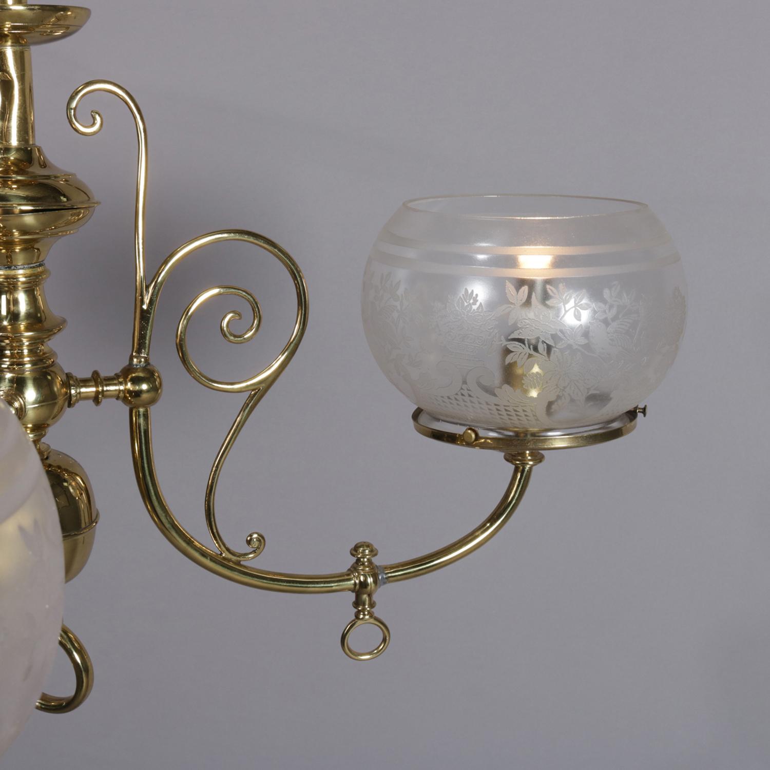 Antique Victorian Brass Three-Light Electrified Gas Chandelier, Weight Driven In Good Condition In Big Flats, NY