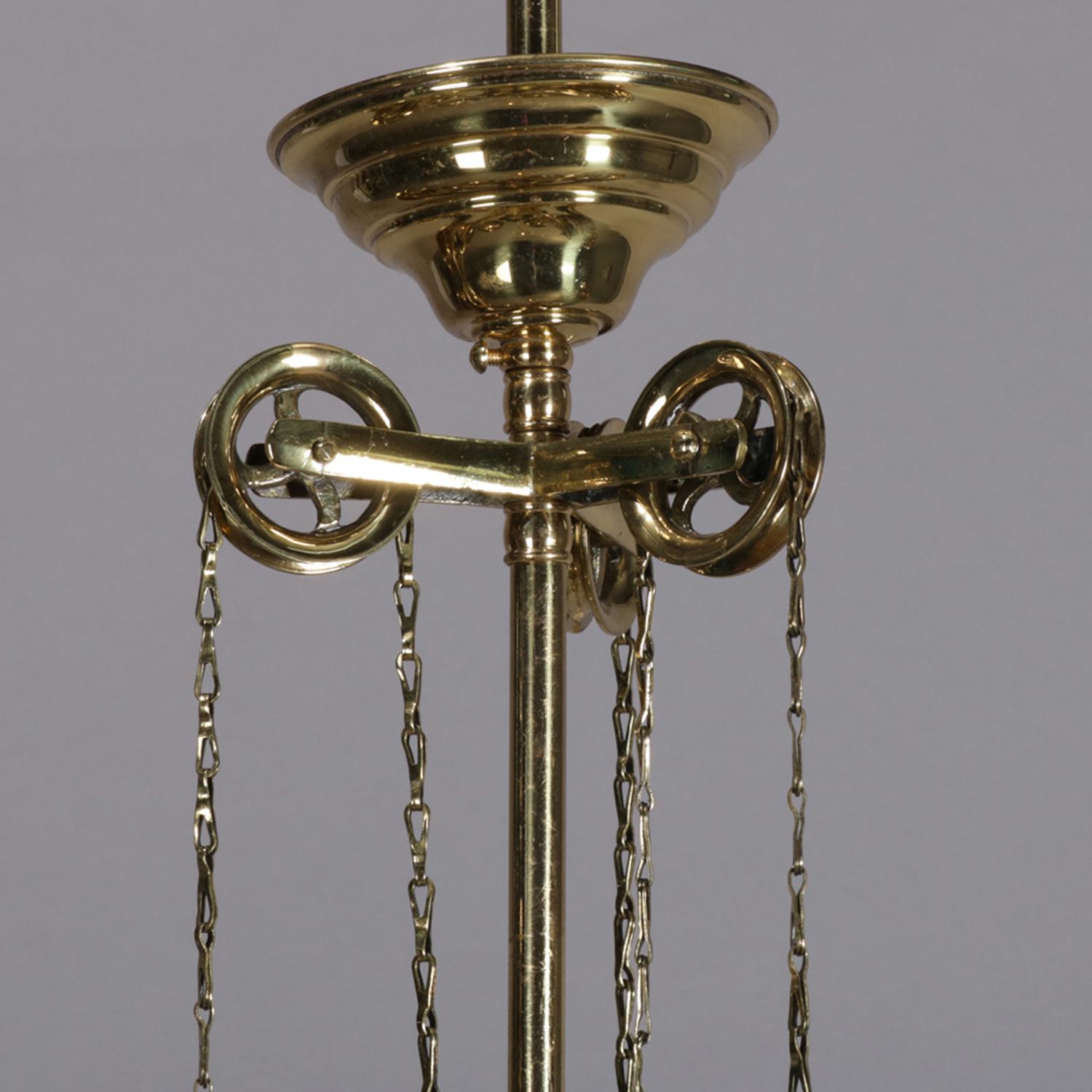 20th Century Antique Victorian Brass Three-Light Electrified Gas Chandelier, Weight Driven