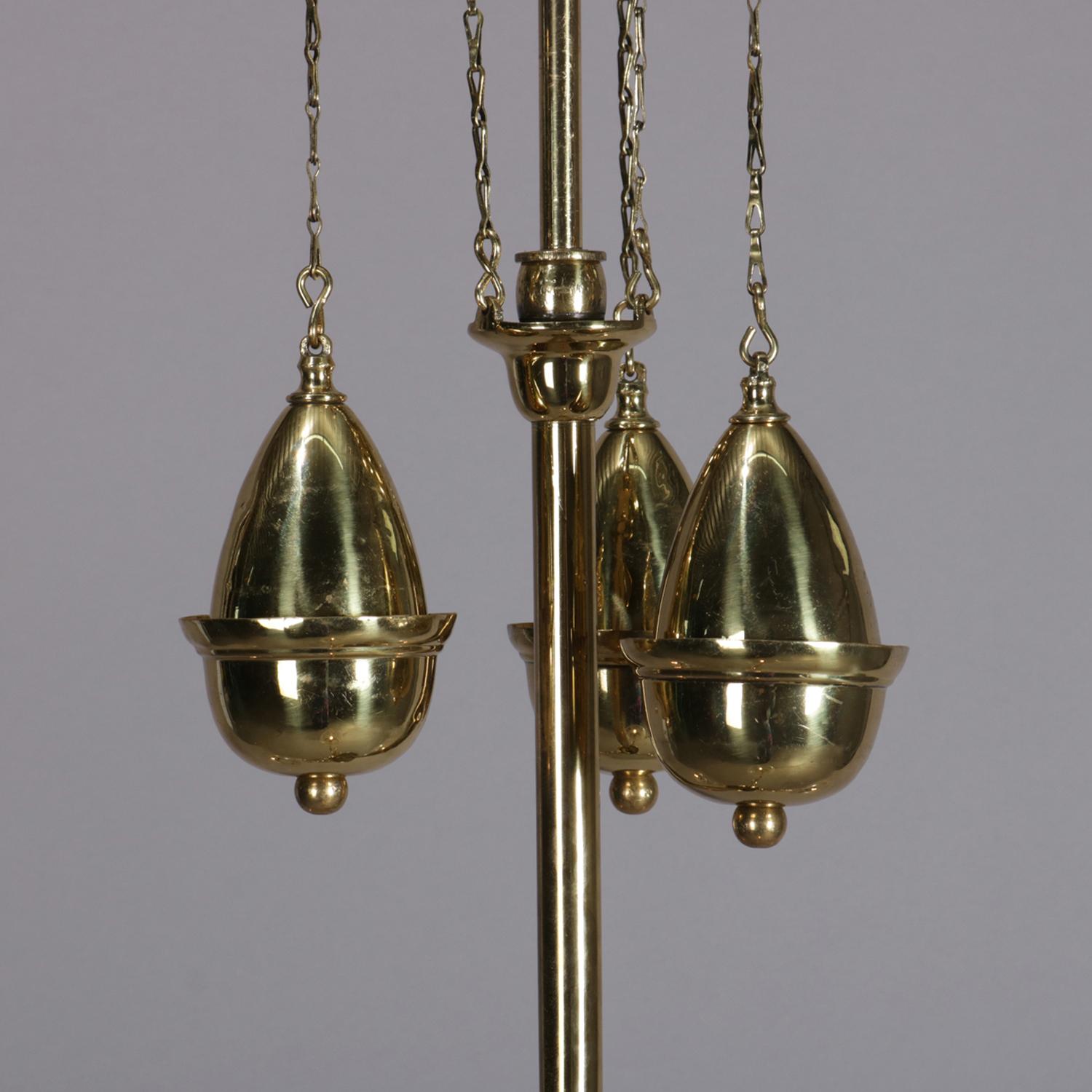 Antique Victorian Brass Three-Light Electrified Gas Chandelier, Weight Driven 1