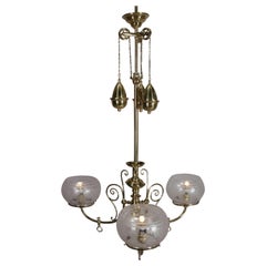 Antique Victorian Brass Three-Light Electrified Gas Chandelier, Weight Driven