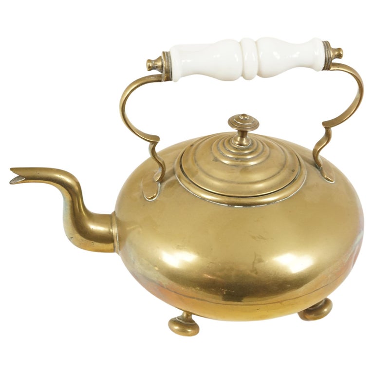 Antique Victorian Brass Toddy Kettle, Milk Glass Handle, Scotland, 1880