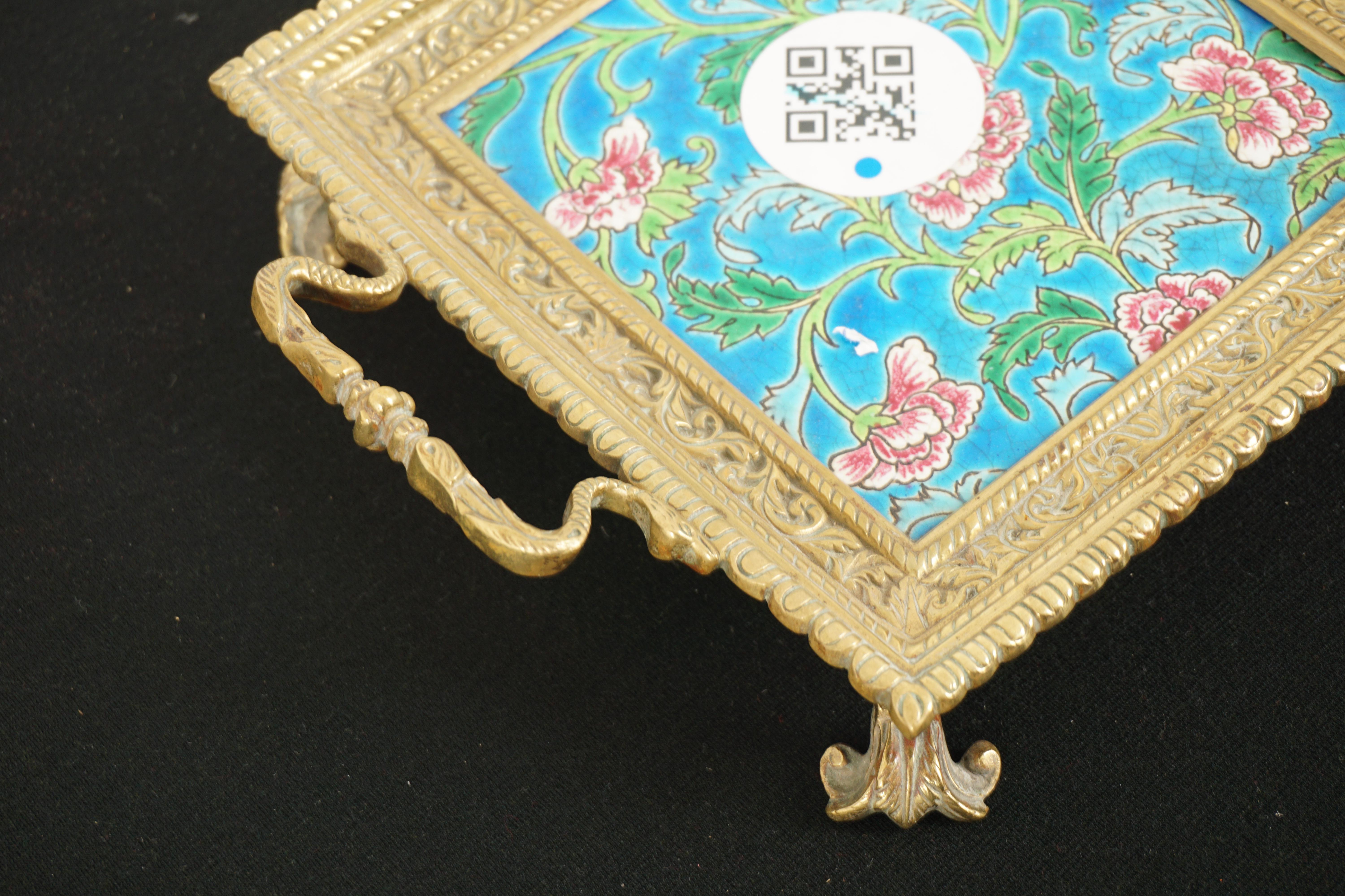 Hand-Crafted Antique Victorian Brass Trivet, Stand, Tray, Majolica Plate, England 1890, H576