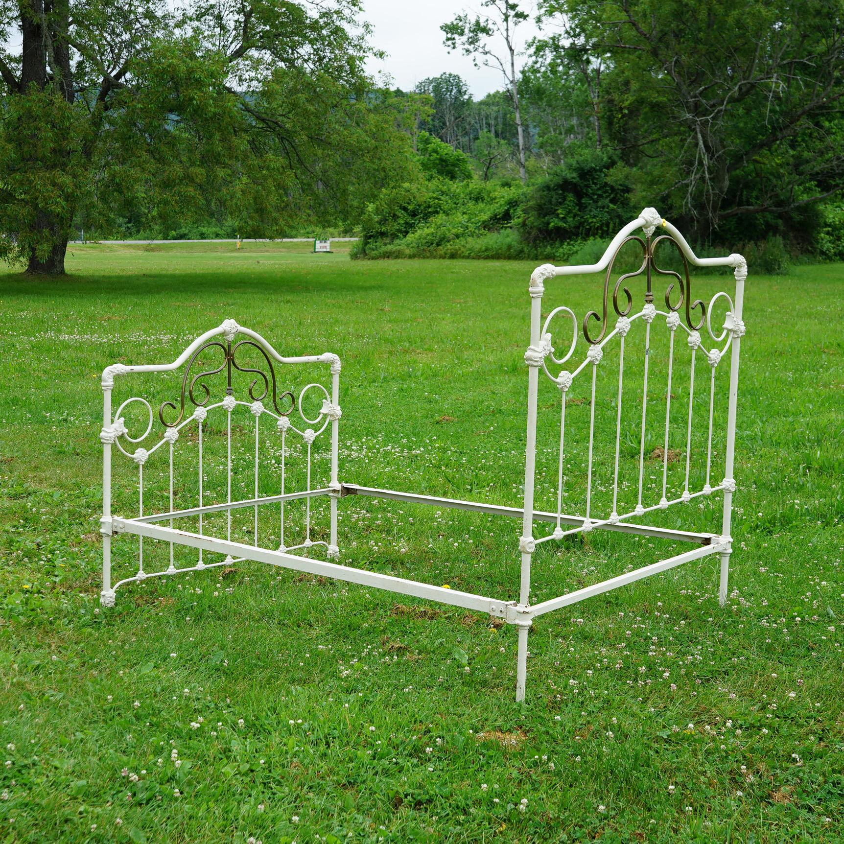 Antique Victorian Brass & White Painted Iron Full Size Bed Frame C1890 6