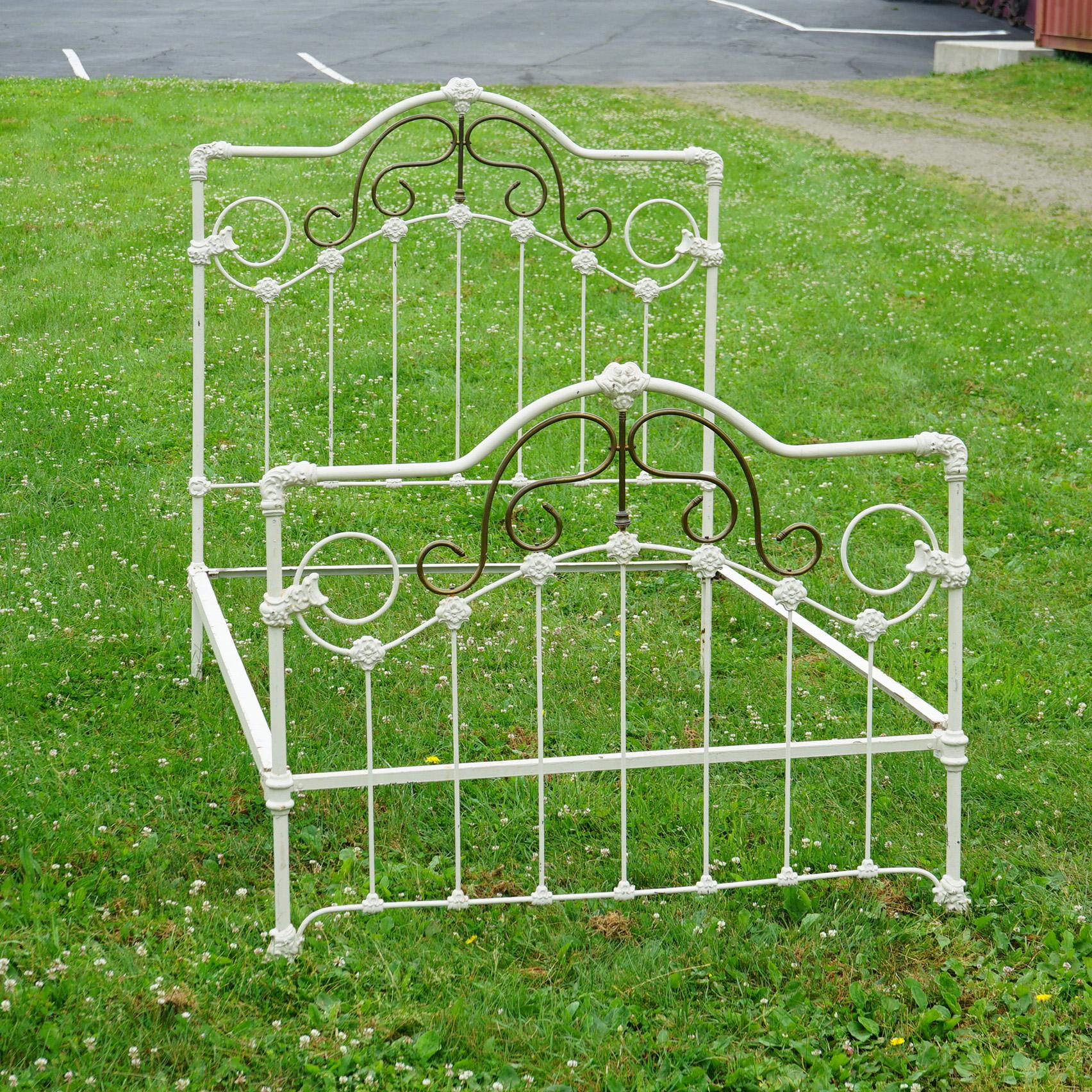 19th Century Antique Victorian Brass & White Painted Iron Full Size Bed Frame C1890