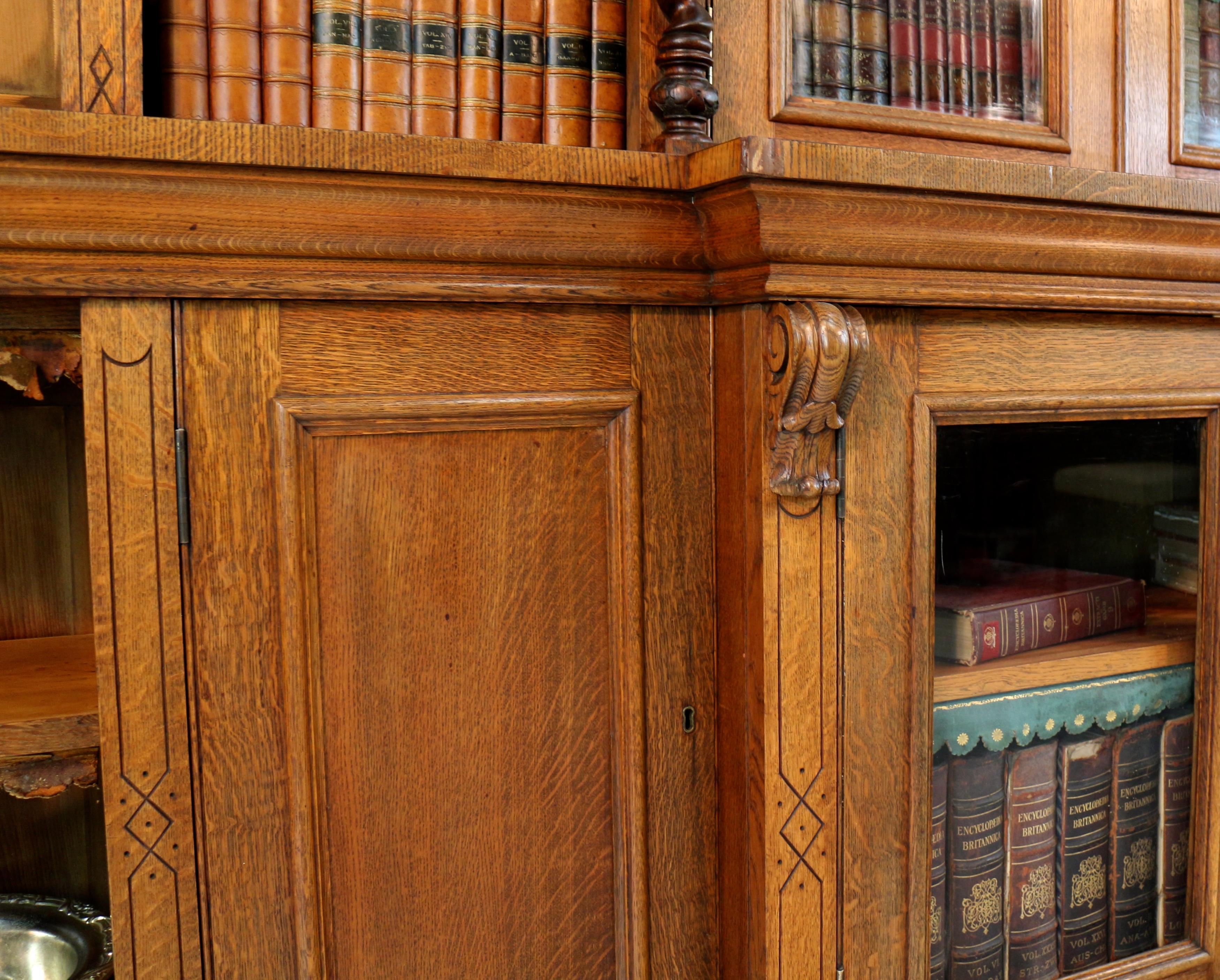 Brass Antique Victorian Breakfront Oak Bookcase from Kellie Castle by Garnett & Sons