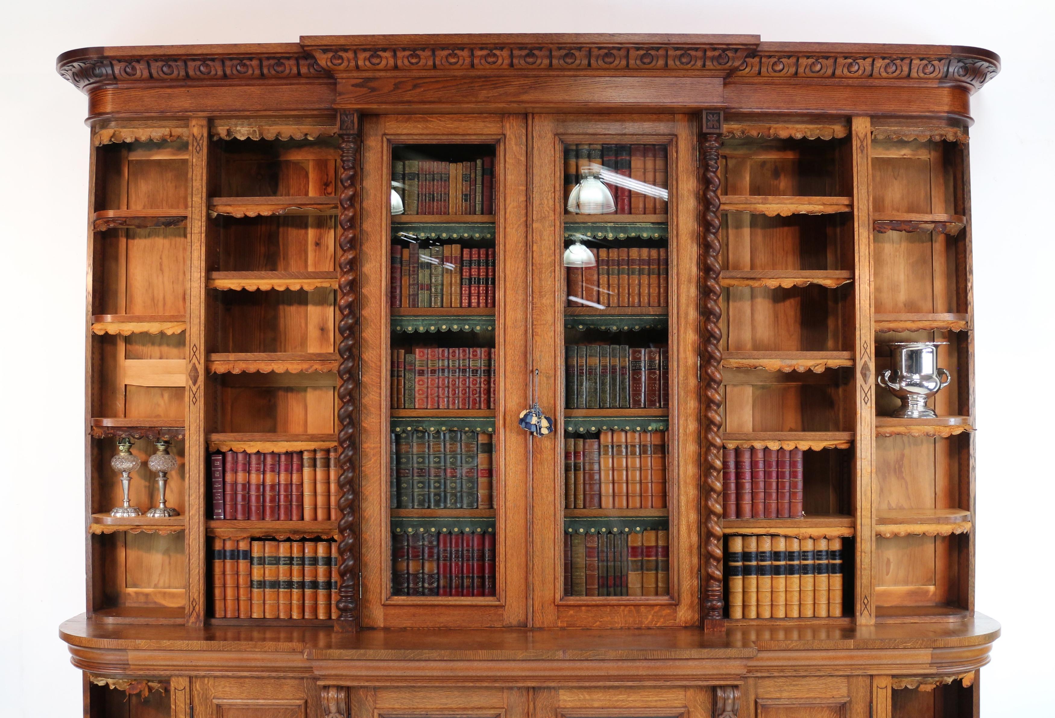 English Antique Victorian Breakfront Oak Bookcase from Kellie Castle by Garnett & Sons