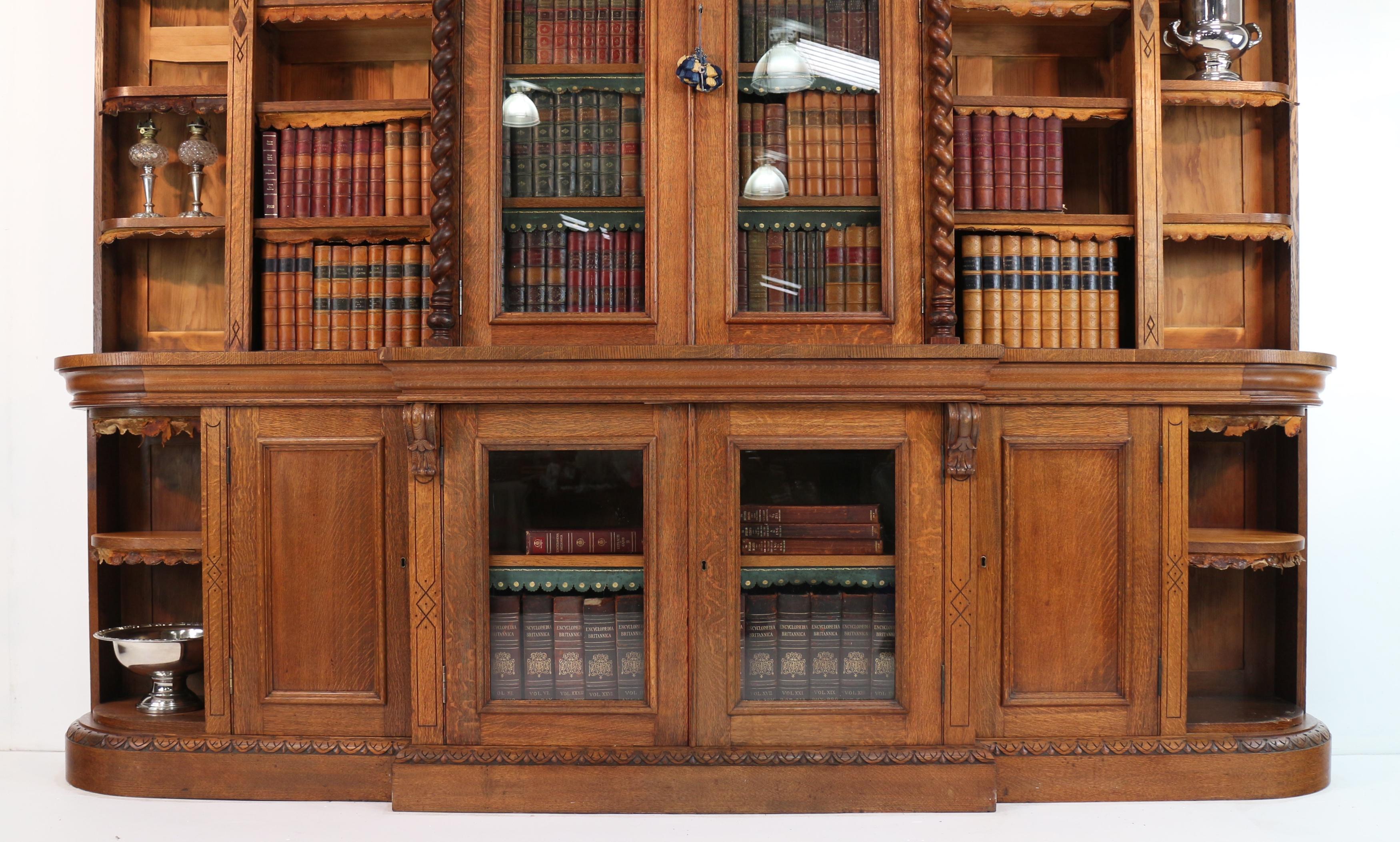 Hand-Carved Antique Victorian Breakfront Oak Bookcase from Kellie Castle by Garnett & Sons