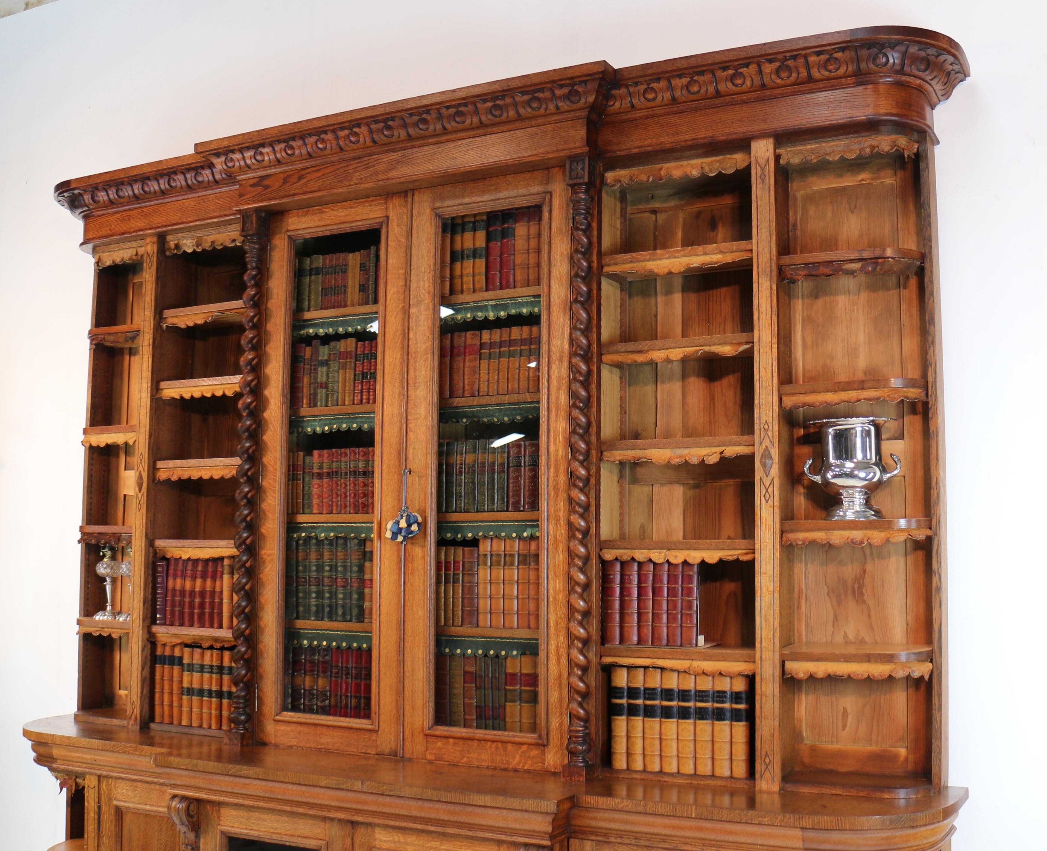 English Antique Victorian Breakfront Oak Bookcase from Kellie Castle by Garnett & Sons