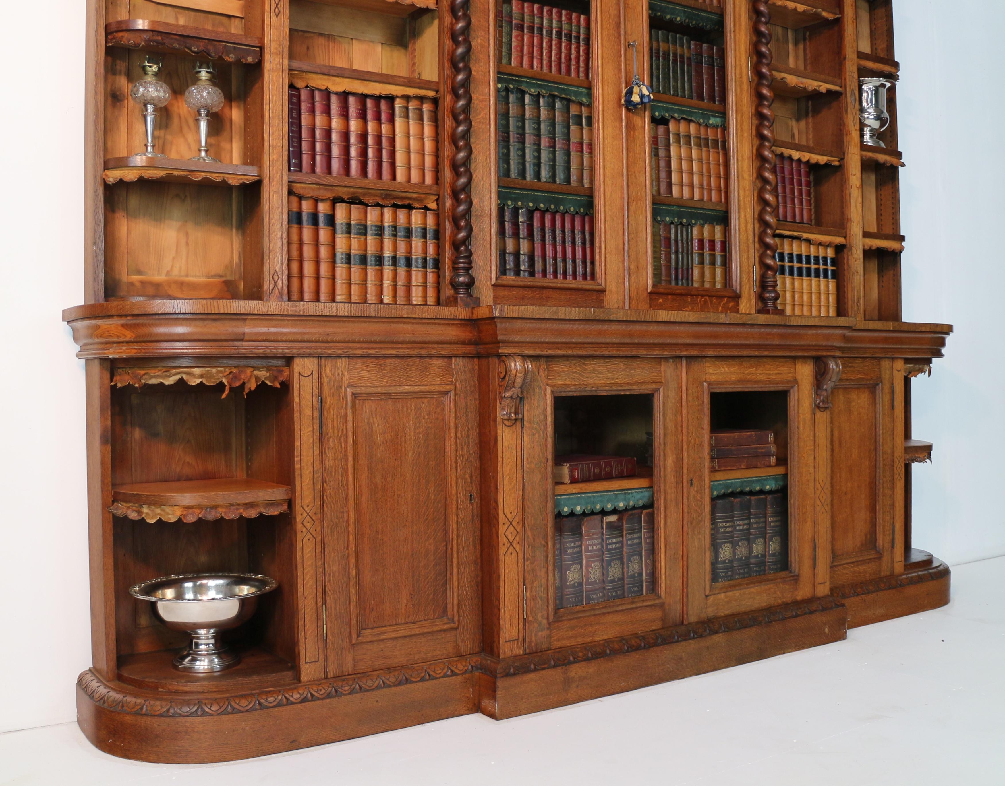 Hand-Carved Antique Victorian Breakfront Oak Bookcase from Kellie Castle by Garnett & Sons