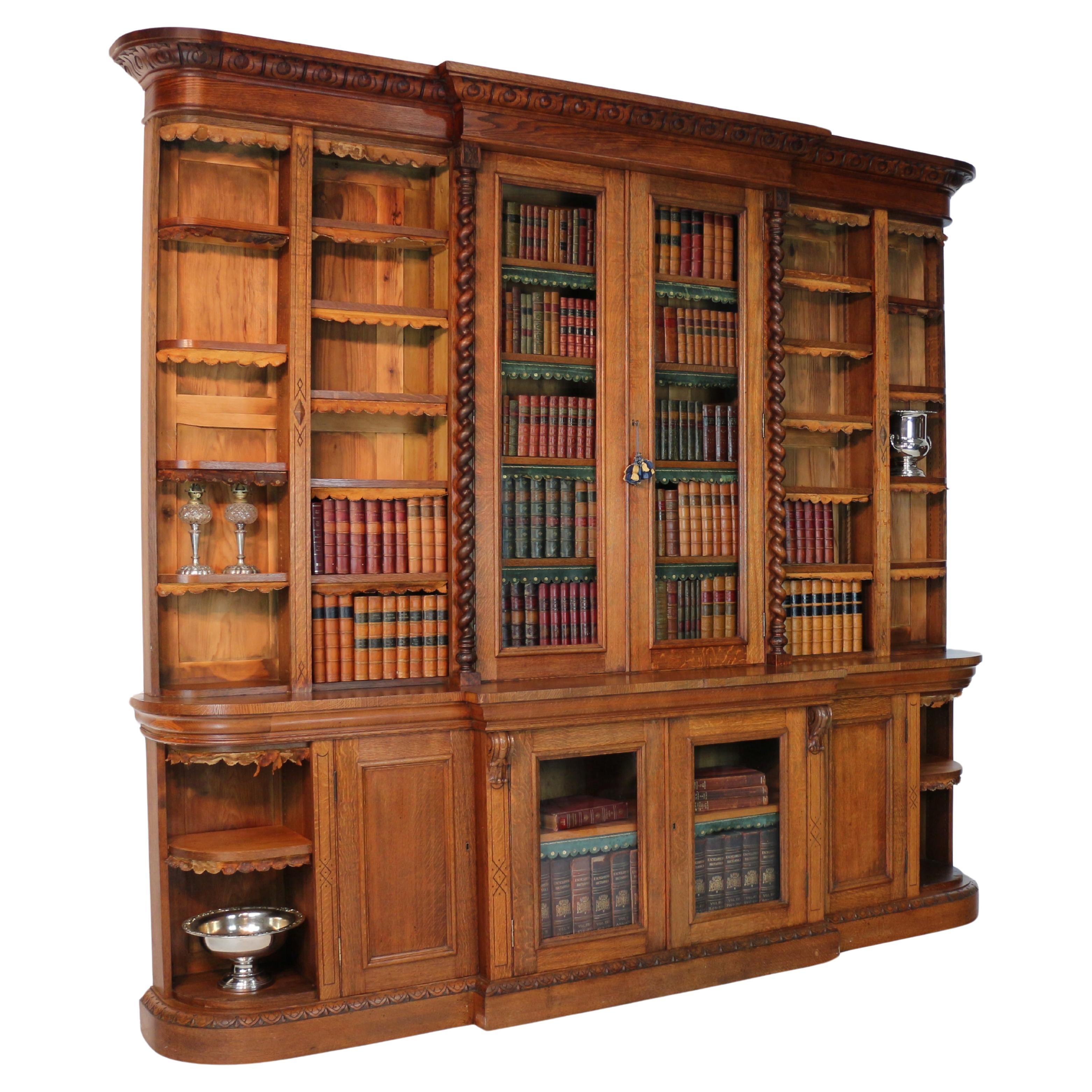 Antique Victorian Breakfront Oak Bookcase from Kellie Castle by Garnett & Sons
