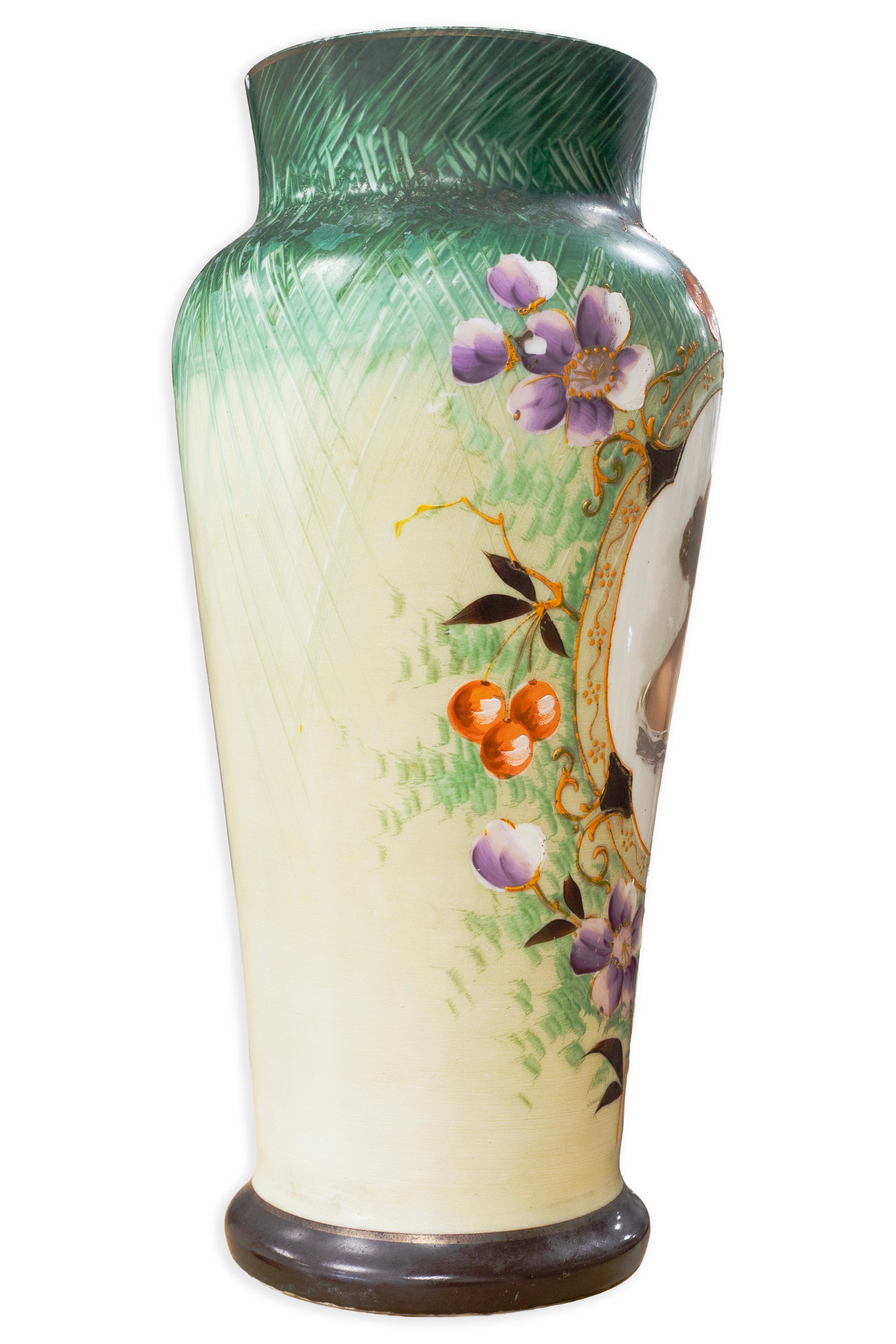 A fine example of Victorian decorative art, this Bristol milk glass vase features a delicately hand painted portrait of a young woman in profile, framed within a gilt cartouche. Surrounding the central portrait are richly painted floral motifs in
