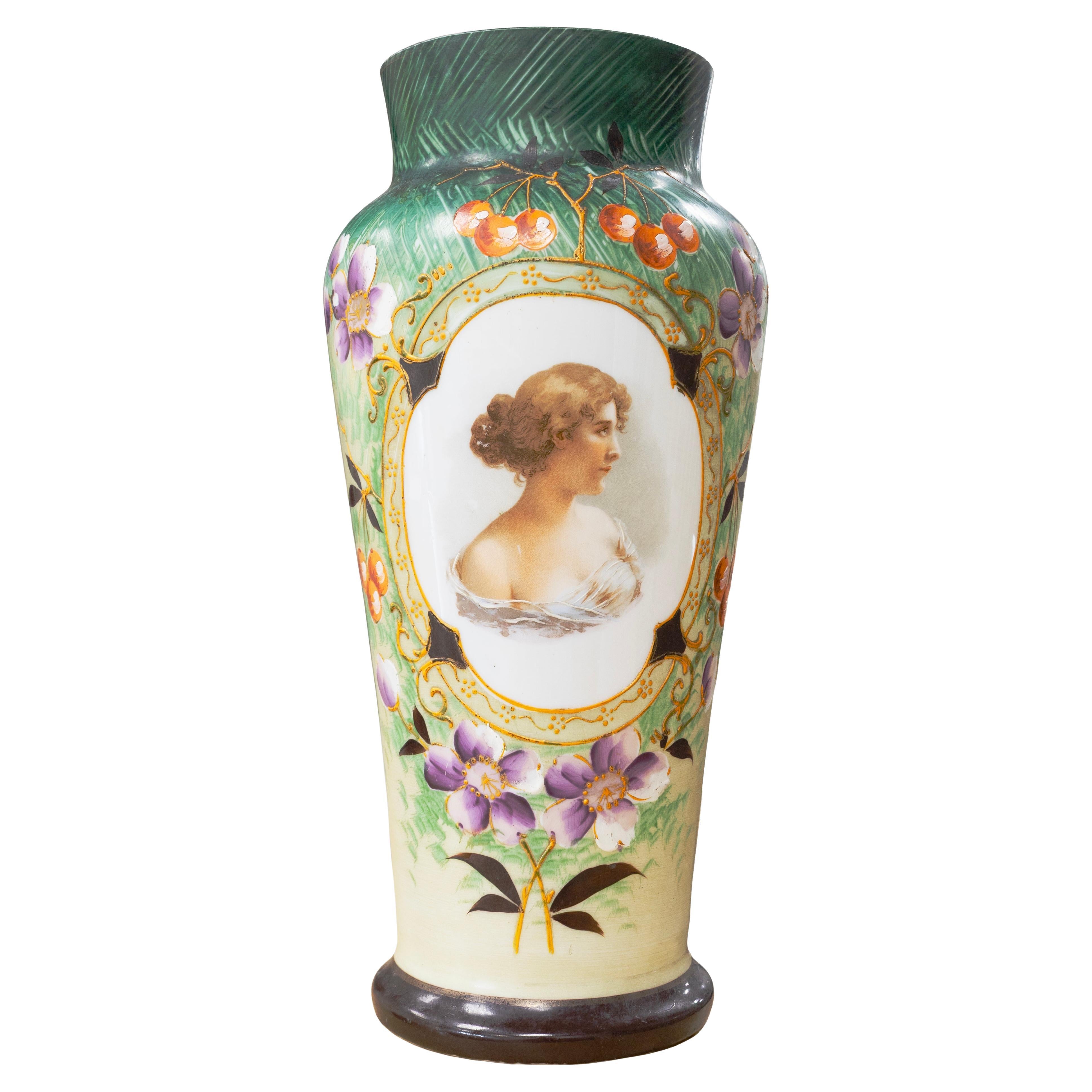 Antique Victorian Bristol - Glass Vase Hand Painted Portrait & Floral Design in vendita