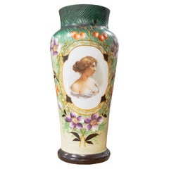 Antique Victorian Bristol - Glass Vase Hand Painted Portrait & Floral Design