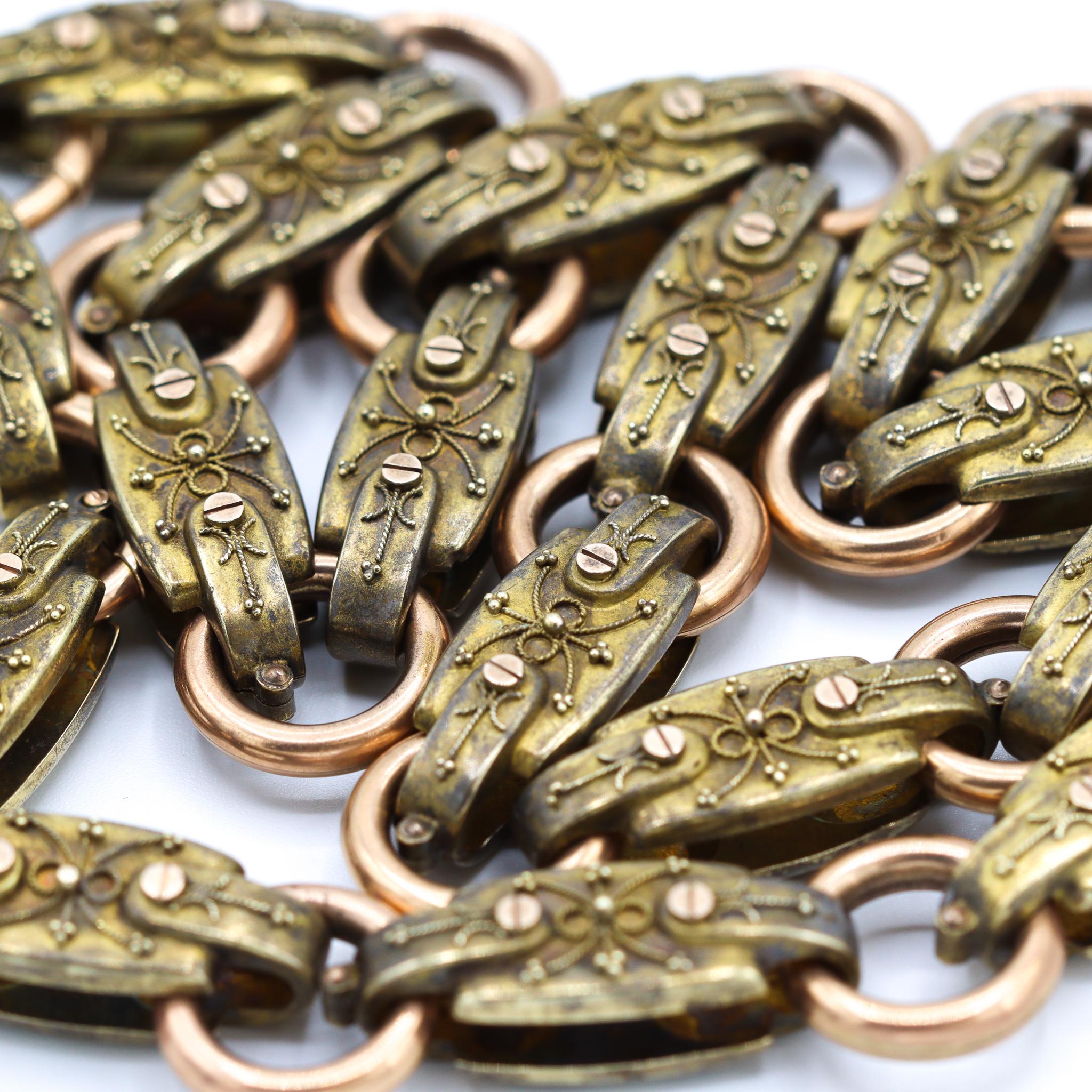 Antique Victorian Bronze 18K Gold Heavy Link Chain Necklace In Excellent Condition For Sale In Houston, TX