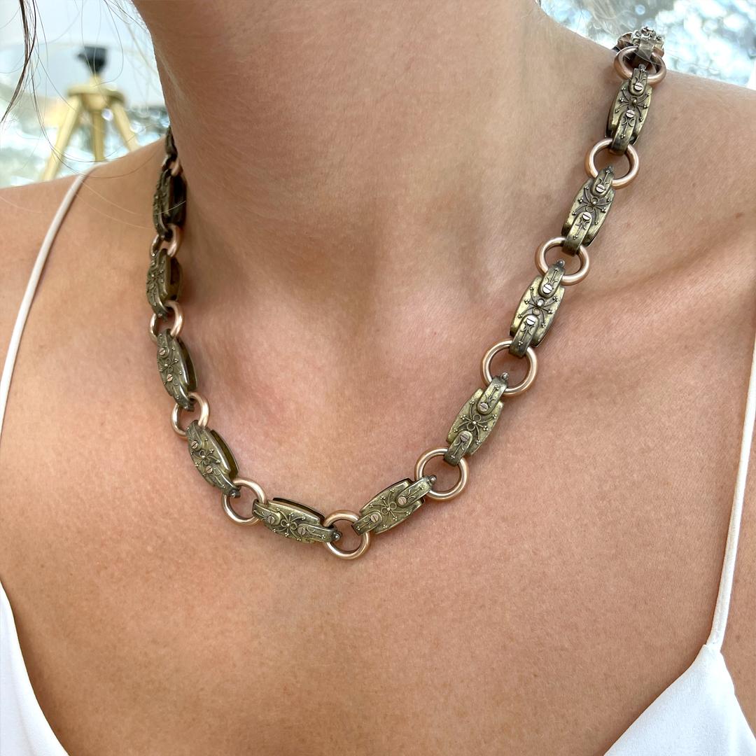 Antique Victorian Bronze 18K Gold Heavy Link Chain Necklace For Sale 3