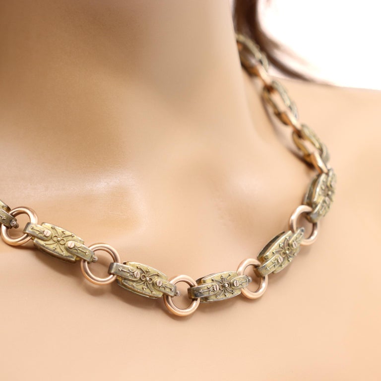 Antique Victorian Bronze 18K Gold Heavy Link Chain Necklace For Sale at