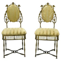 Antique Victorian Bronze Brass Oscar Bach Style Parlor Salon Side Chairs - Pair