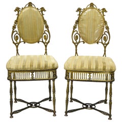 Antique Victorian Bronze Brass Parlor Salon Accent Chair Oscar Bach Style, Pair