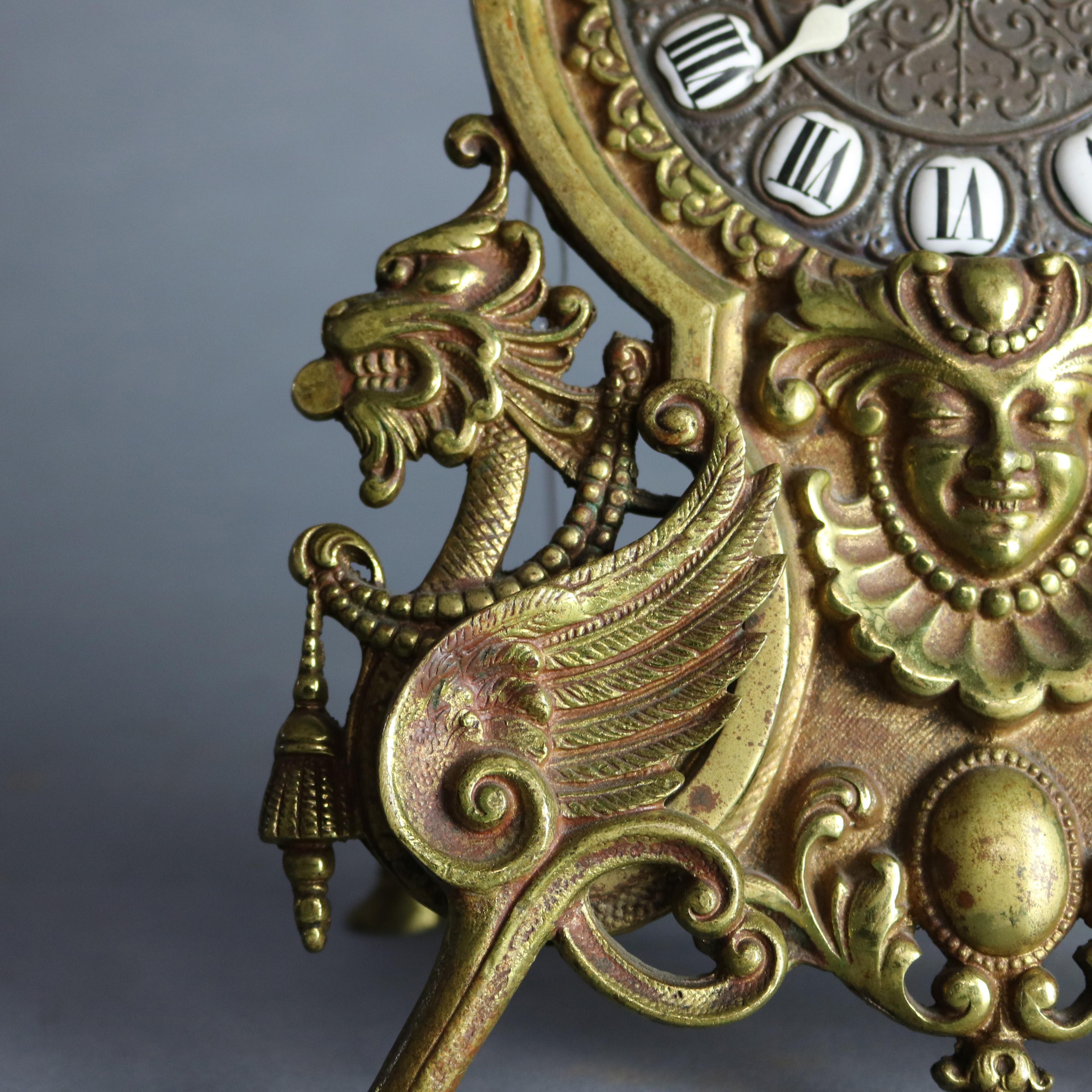 Cast Antique Victorian Bronze Figural Easel Back Desk Clock, Circa 1890