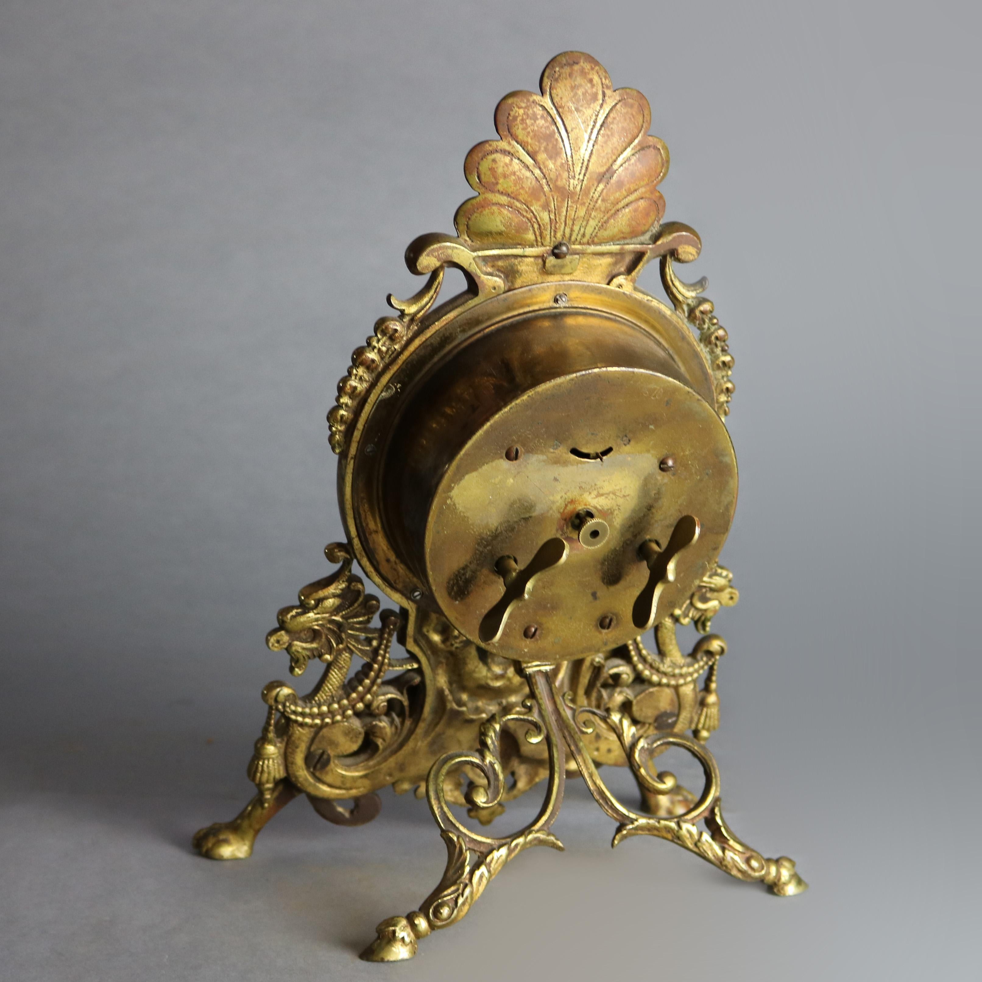 Metal Antique Victorian Bronze Figural Easel Back Desk Clock, Circa 1890