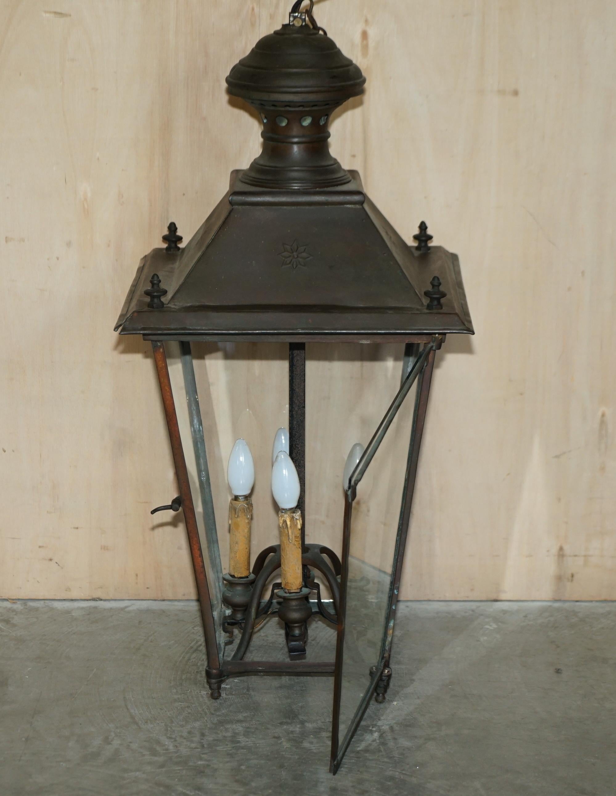 Antique Victorian Bronze Hanging Lantern with Four Candle Interior Must See For Sale 4