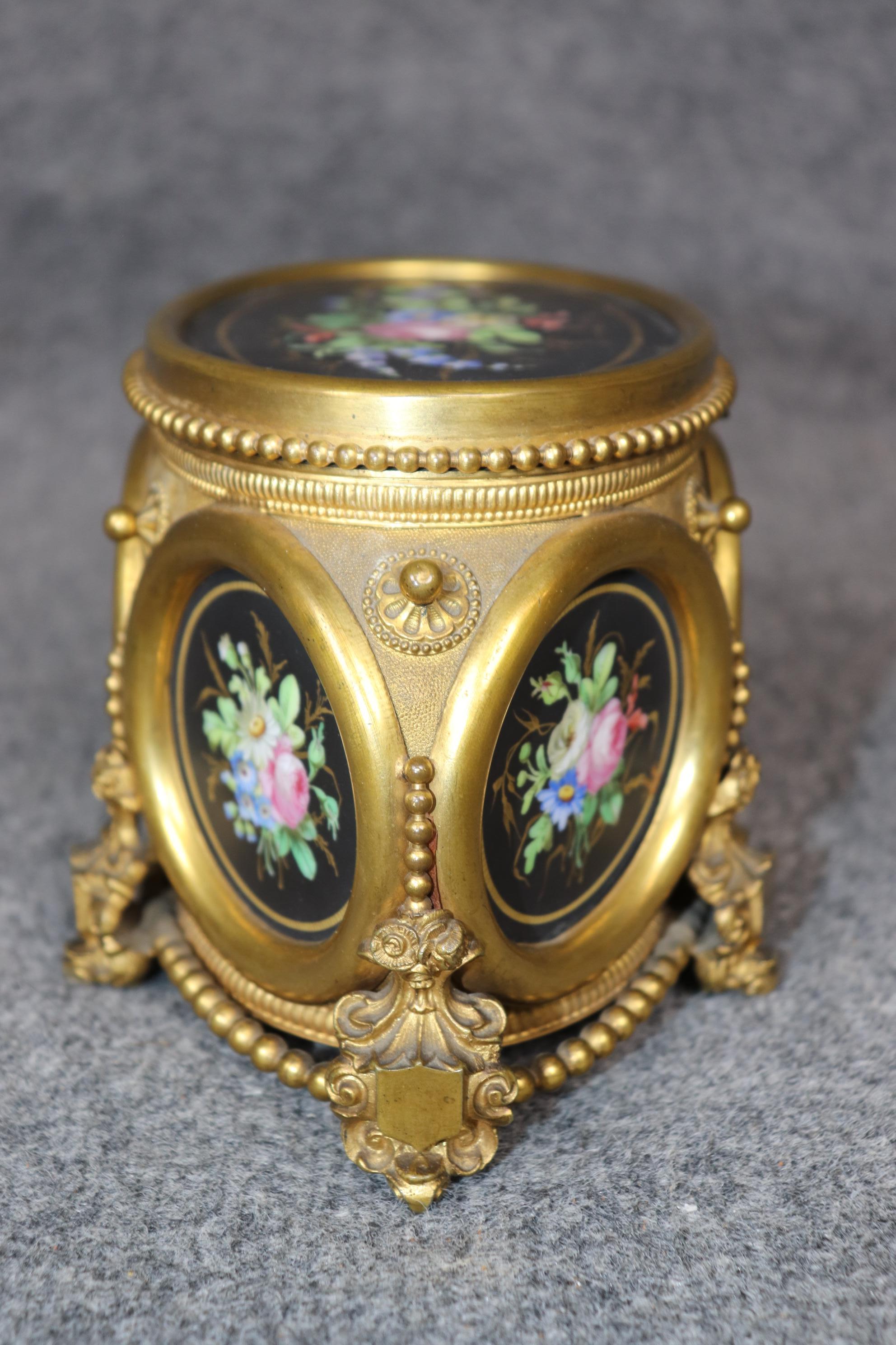 Cast Antique Victorian Bronze Ormolu and Painted Porcelain Jewelry Casket