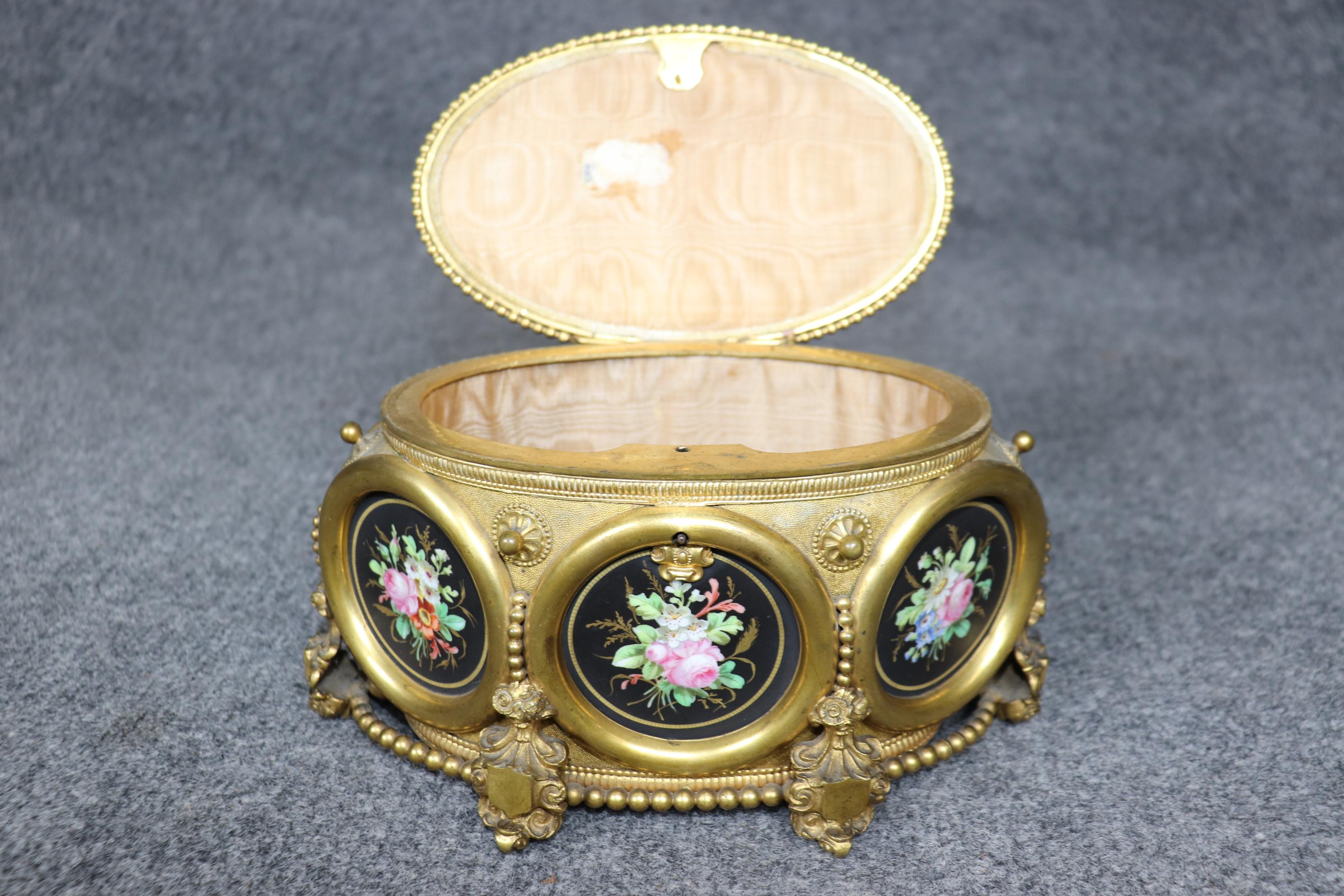 Antique Victorian Bronze Ormolu and Painted Porcelain Jewelry Casket In Good Condition In Swedesboro, NJ