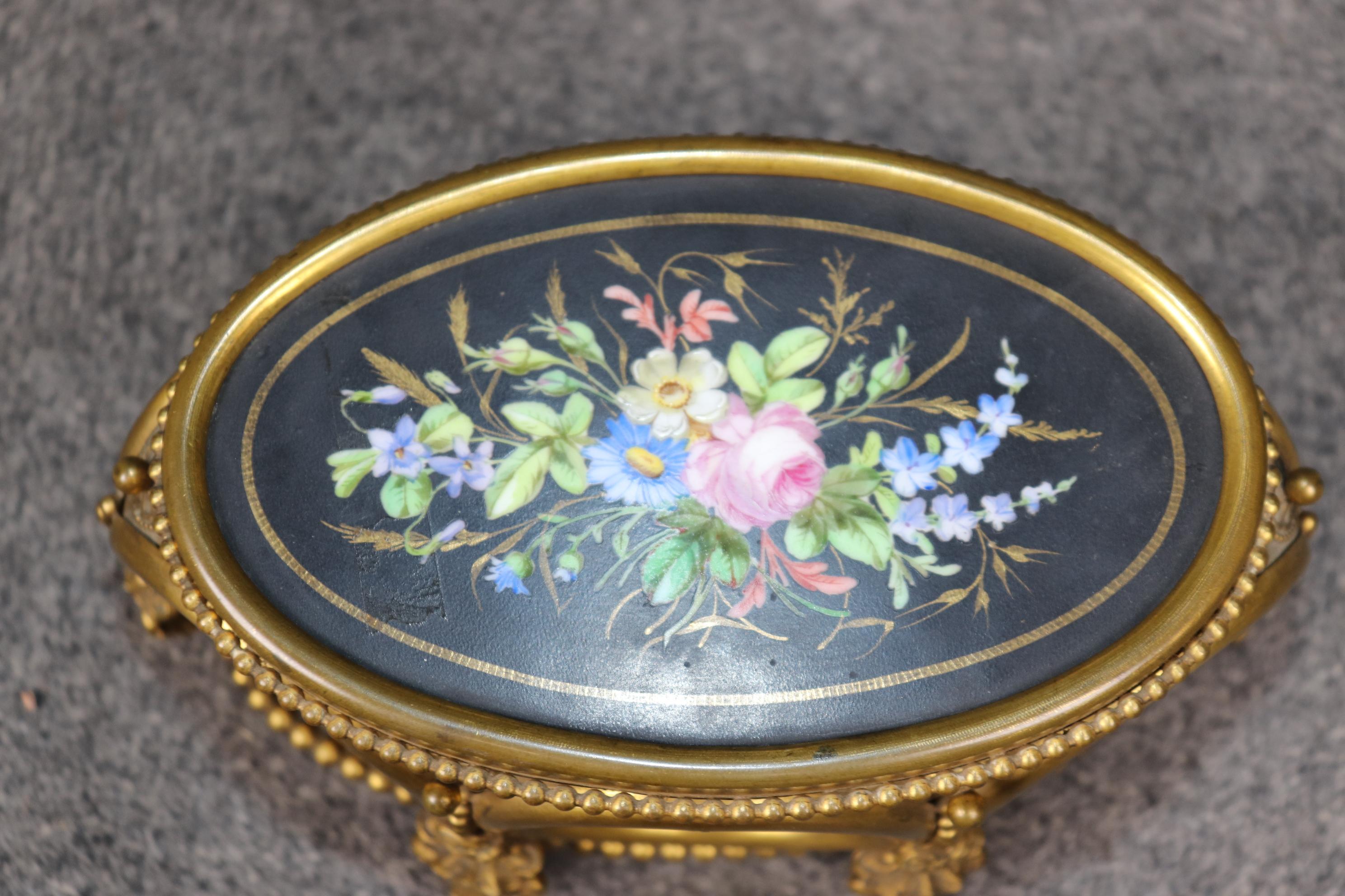 19th Century Antique Victorian Bronze Ormolu and Painted Porcelain Jewelry Casket