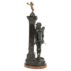 Sculpture victorienne ancienne en bronze de Cupidon et colonne de Paul Ponsard 19ème siècle