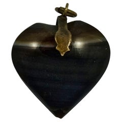 Antique Victorian Bronze Tone Polished Banded Agate Heart Pendant