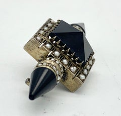 Antike viktorianische Brosche, geschnitzter Onyx, natürliche orientalische Saatperlen, Silber, Silber