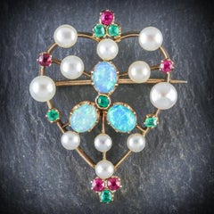 Antique Victorian Emerald Ruby Pearl Opal 18 Carat Gold circa 1900 Brooch