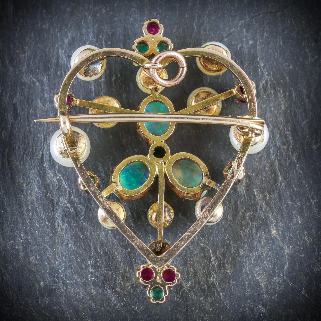 Antique Victorian Emerald Ruby Pearl Opal 18 Carat Gold circa 1900 Brooch In Excellent Condition For Sale In Lancaster , GB