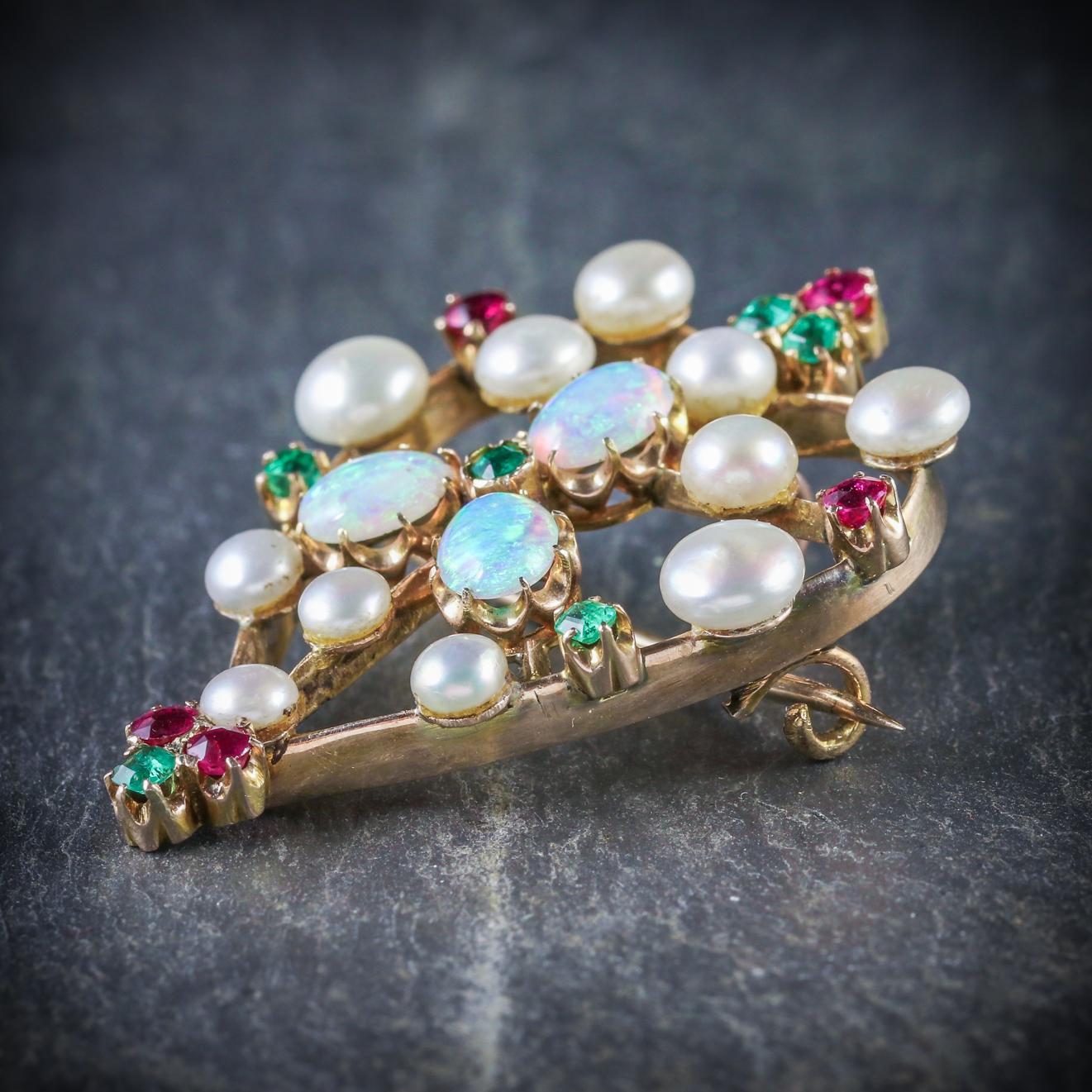 Women's Antique Victorian Emerald Ruby Pearl Opal 18 Carat Gold circa 1900 Brooch For Sale