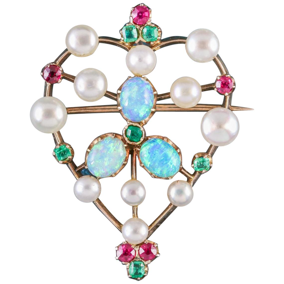 Antique Victorian Emerald Ruby Pearl Opal 18 Carat Gold circa 1900 Brooch For Sale