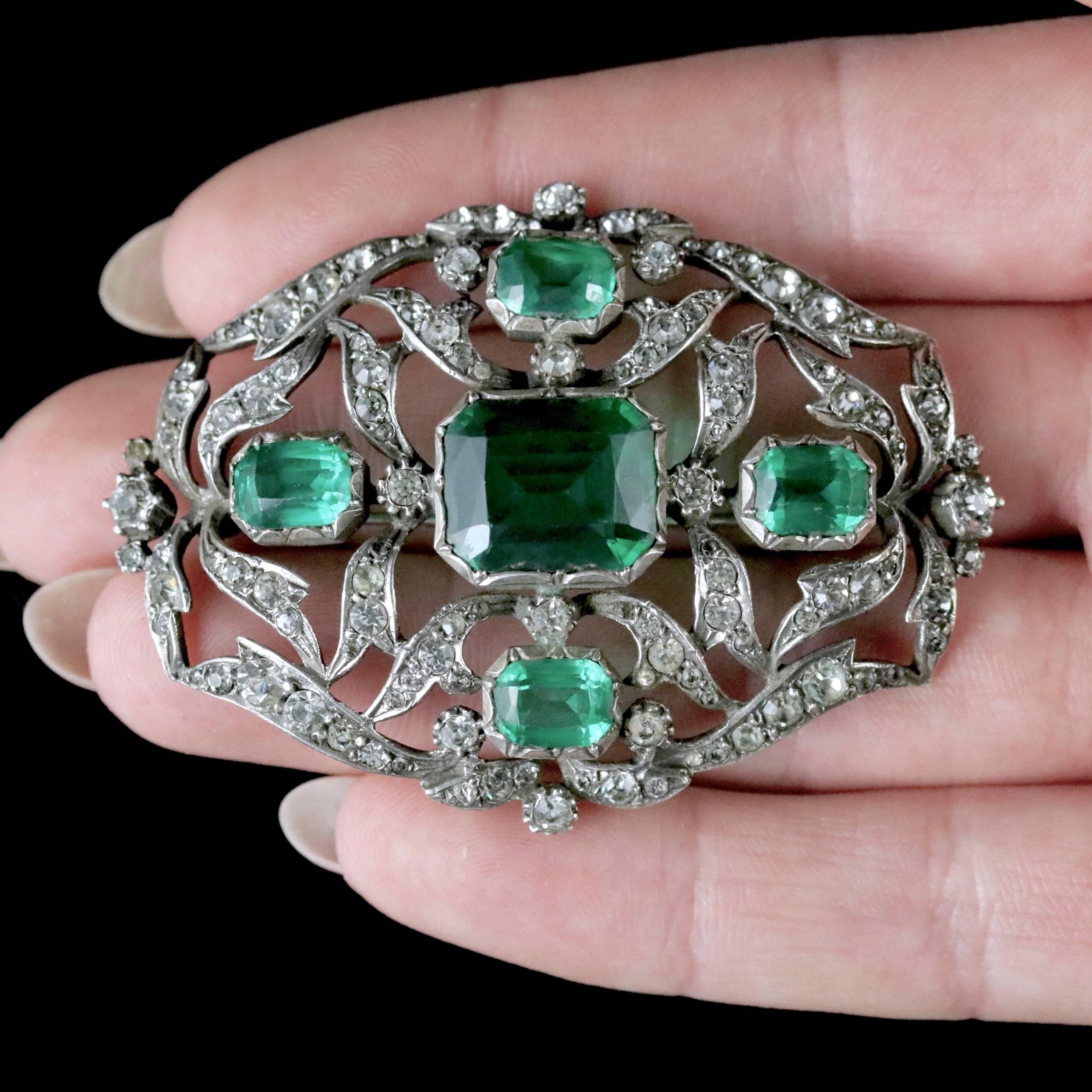 Antique Victorian Brooch Green Paste Silver, circa 1890 2