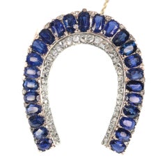 Antique Victorian Brooch Horse Shoe with 67 Diamonds and over 11 Carat Sapphires