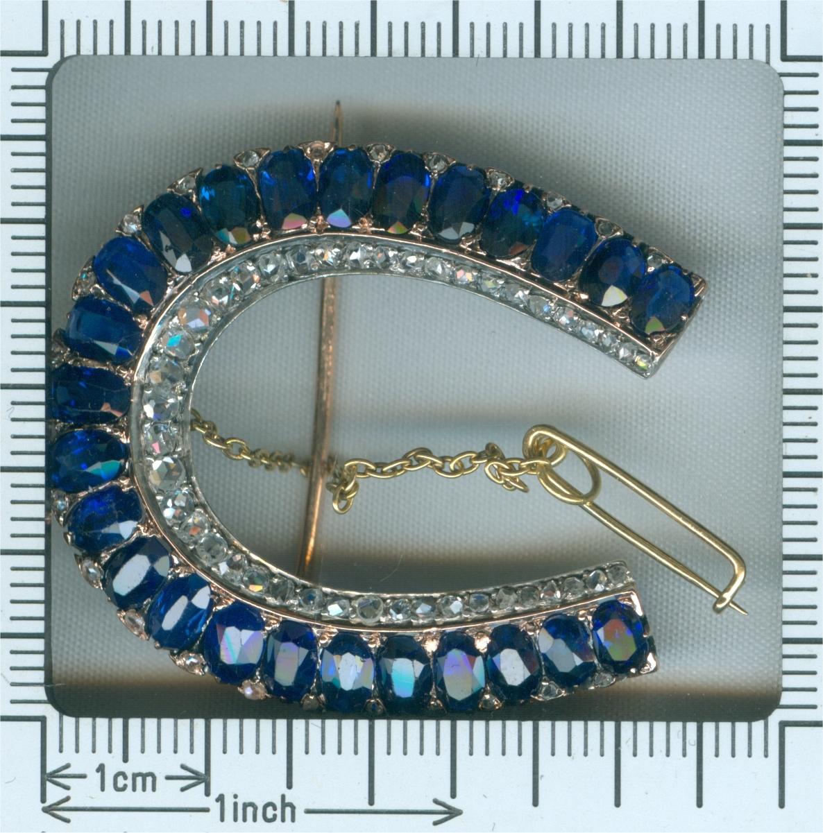 Antique Victorian Brooch Horse Shoe with 67 Diamonds and over 11 Carat Sapphires For Sale 3