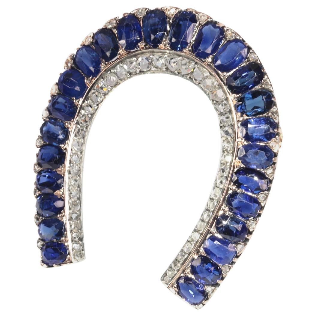 Antique Victorian Brooch Horse Shoe with 67 Diamonds and over 11 Carat Sapphires For Sale