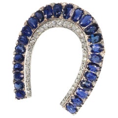 Used Victorian Brooch Horse Shoe with 67 Diamonds and over 11 Carat Sapphires