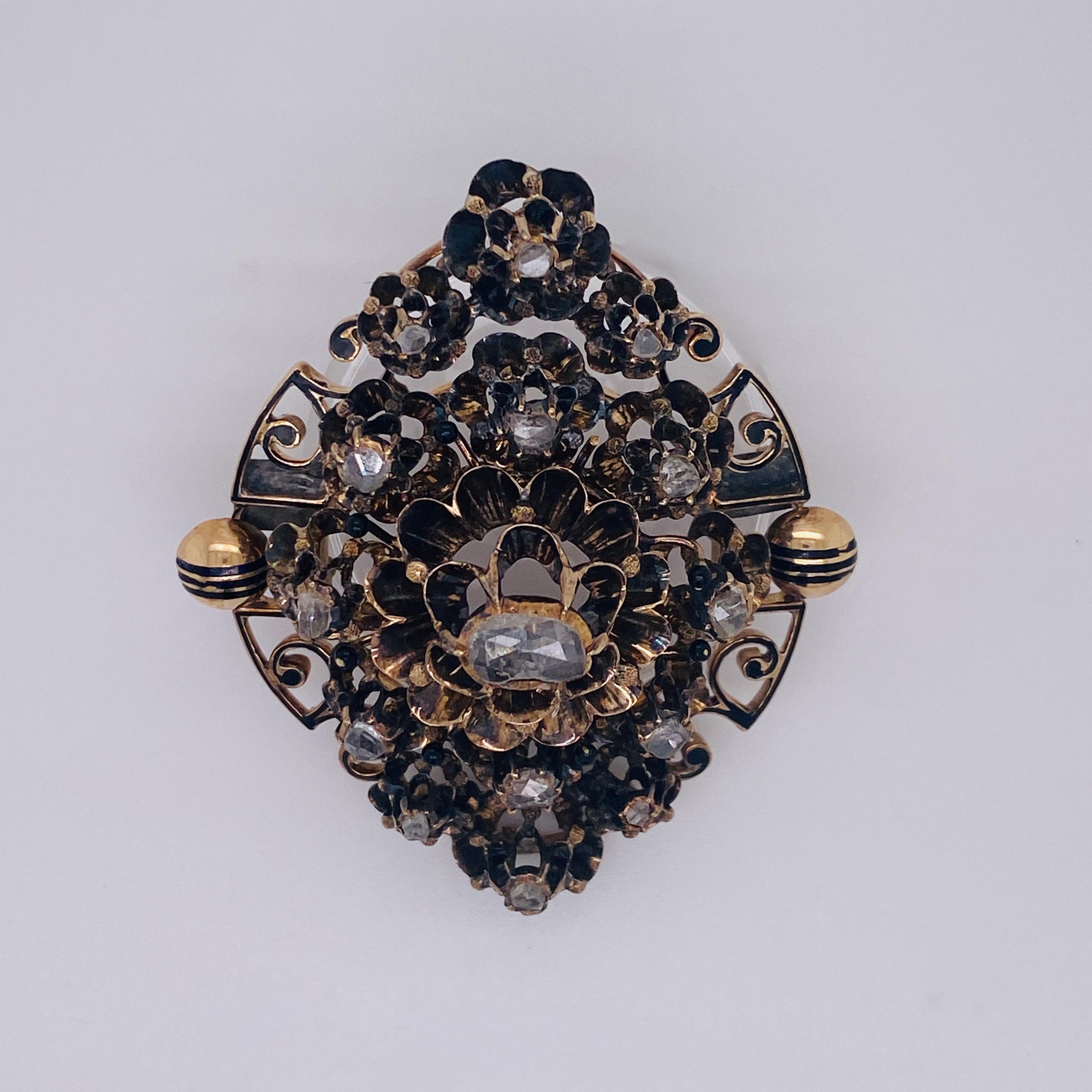 CIRCA 1800’s Rose cut Diamond Brooch
This is very special piece meant for someone equally as special. It takes a true vintage jewelry connoisseur to really appreciate the history of this fine brooch. This brooch is made of 10 karat gold and rose cut